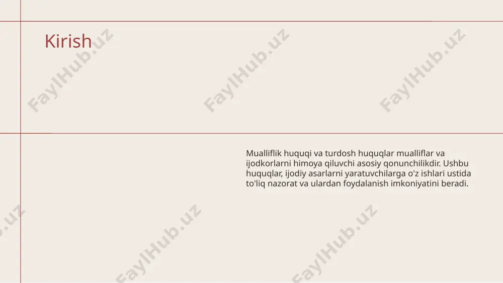 tizimini oʻzida ifodalaydi. oʻzbekistonda mualliflik huquqining asosiy normalari oʻzbekiston respublikasi fuqarolik kodeksi (1041—1073-moddalar) va „mualliflik va turdosh huquqlar toʻgʻrisidagi“ oʻzbekiston respublikasi qonuni (1996-yil 30-avgust) da belgilangan mualliflik huquqi – keng maʼnoda – fan, adabiyot va sanʼat asarlarini yaratish, foydalanish va huquqiy himoya qilishda vujudga keladigan munosabatlarni tartibga soluvchi huquqiy normalar yigʻindisi; fuqarolik huquqining bir boʻlimi. tor maʼnoda – asar muallifiga tegishli boʻlgan va qonunlarda mustahkamlanib qoʻyilgan shaxsiy va mulkiy huquqlar tizimini tashkil etadi. mualliflik huquqi boʻyicha munosabatlar har bir davlatga xos qonunlar va xalqaro konvensiyalar bilan tartibga solinadi. turdosh huquqlar 02 turdosh huquqlar – bu mualliflik huquqi bilan bogʻliq boʻlgan, lekin undan farq qiluvchi huquqlar majmui boʻlib, u ijrochilar, fonogramma tayyorlovchilar hamda efir yoki kabel orqali koʻrsatuv va eshittirish beruvchi tashkilotlarning huquqlarini oʻz ichiga oladi. turdosh huquqlarning mualliflik huquqidan asosiy farqlari: turdosh huquqlar ijodiy faoliyat natijasi boʻlishi shart emas; turdosh huquqlar mualliflik huquqi obyektlarini jamoatchilikka yetkazish vositasi sifatida xizmat qiladi; …