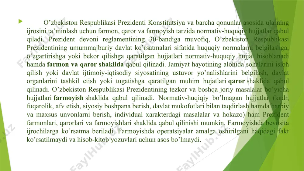 turli fe'llar ishlatiladi. bu fe'llar faqat majhul nisbat, 3-shaxs birlikdagi buyruq-istak mayli shaklida (bo'shatilsin, bajarilsin, ta'minlansin, amalga oshirilsin, yuklatilsin) qo'llaniladi. farmon — 1) muayyan mamlakatlarda davlat boshligi (prezident) chiqaradigan muhim huquqiy hujjat. farmon bilan, odatda, shaxslar yuksak lavozimga tayinlanadi va lavozimidan ozod qilinadi, favqulodda yoki harbiy holat tartibi joriy etiladi, orden va medallar bilan mukofotlash amalga oshiriladi, oliy harbiy va faxriy unvonlar beriladi, umumnormativ xususiyatga ega boʻlgan qarorlar rasmiylashtiriladi. umumiy qoidaga koʻra, farmon mazkur davlat konstitutsiyasi va qonunlariga (oʻzrda — oʻzbekiston respublikasining konstitutsiyasi, qoqalpogʻiston respublikasining konstitutsiyasi va oʻzr qonunlariga) zid boʻlmasligi kerak. oʻzbekiston respublikasida prezident f.lari oliy majlis yoki vazirlar mahkamasi roziligisiz mustaqil tarzda prezident tomonidan qabul qilinadi. farmon — mazmun va mohiyatiga koʻra, konstitutsiyaviy normalarni ijtimoiy hayotga tatbiq qilishning vositasi sifatida namoyon boʻlib, yuridik kuchi nuqtai nazaridan konstitutsiya va qonun normalariga nisbatan ikkilamchi hisoblanadi. oʻzbekiston respublikasining "normativhuquqiy hujjatlar toʻgʻrisida"gi qonuni (2020-yil 14 dek.)ga koʻra, prezident farmonlari belgilangan tartibda kuchga …