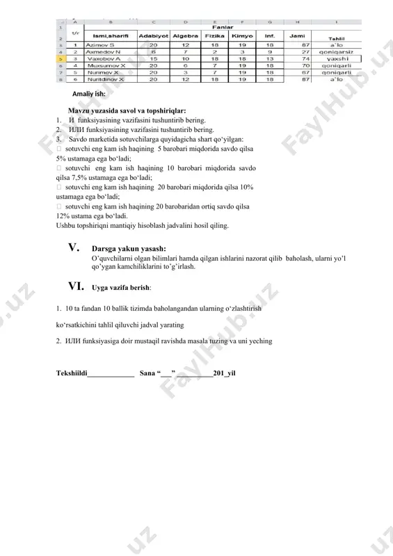 yidagicha: b ustunga sinf o‘quvchilarining familiyasi va ismi kiritiladi; c ustunga adabiyot fanidan olgan ballari kiritiladi; d ustunga algebra fanidan olgan ballari kiritiladi; e ustunga fizika fanidan olgan ballari kiritiladi; f ustunga kimyo fanidan olgan ballari kiritiladi; g ustunga informatika fanidan olgan ballari kiritiladi; h ustunga olgan ballarning yig‘indisi hisoblanadi; i3 va i17 kataklarga quyidagi formula kiritiladi: =если(c17<55;"qoniqarsiz";если(c17<71;"qoniqarli";если(c17< 86;"yaxshi";"a’lo"))) amaliy ish: mavzu yuzasida savol va topshiriqlar: 1. и funksiyasining vazifasini tushuntirib bering. 2. или funksiyasining vazifasini tushuntirib bering. 3. savdo marketida sotuvchilarga quyidagicha shart qo‘yilgan:  sotuvchi eng kam ish haqining 5 barobari miqdorida savdo qilsa 5% ustamaga ega bo‘ladi;  sotuvchi eng kam ish haqining 10 barobari miqdorida savdo qilsa 7,5% ustamaga ega bo‘ladi;  sotuvchi eng kam ish haqining 20 barobari miqdorida qilsa 10% ustamaga ega bo‘ladi;  sotuvchi eng kam ish haqining 20 barobaridan ortiq savdo qilsa 12% ustama ega bo‘ladi. ushbu topshiriqni mantiqiy hisoblash jadvalini hosil …