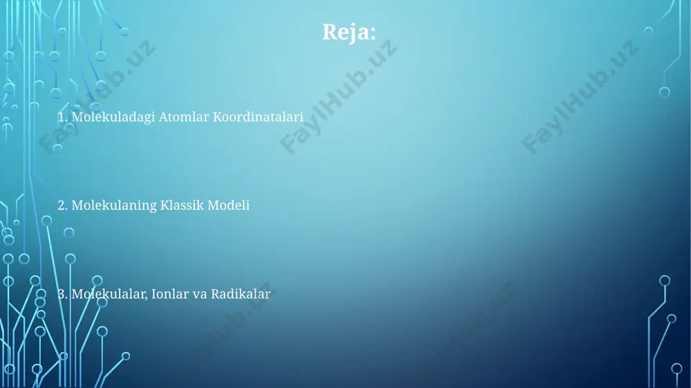 ta c2 oʻqi va 3 ta σd tekisligini oʻz ichiga oladi, bu esa molekulaning yuqori darajadagi simmetriyasini koʻrsatadi. molekulaning simmetriyasi 32 ta nuqta guruhining biriga tegishli boʻlishi mumkin, masalan, c2v simmetriya guruhi suv (h2o) molekulasi uchun xarakterlidir, bu esa 2 ta c2 oʻqi va 2 ta σv tekisligini koʻrsatadi. molekulaning geometriyasi suv (h₂o) molekulasining geometriyasi burchak shaklida bo'lib, 104,5° burchak hosil qiladi, bu esa kislorod atomining ikkita elektron juftligi tufaylidir. bu tokio universiteti olimlarining tadqiqotlari bilan tasdiqlangan. molekulalarning geometriyasi, masalan, metan (ch₄) molekulasida, tetraedrik shaklga ega bo'lib, uglerod atomi markazda, vodorod atomlari esa to'rtta uchida 109,5° burchak ostida joylashgan. ammiak (nh₃) molekulasining geometriyasi uchburchak piramida shaklida bo'lib, azot atomi piramidaning tepasida, uchta vodorod atomi esa tagida 107° burchak ostida joylashgan. bu geometriya 3 ta bog'lanuvchi va 1 ta bo'sh elektron juftligi tufayli yuzaga keladi. molekulada atomlar koordinatalari molekuladagi atomlar koordinatalari xalqaro standartlar, masalan, cif fayl formatida, 3 o'lchovli dekart koordinatalari …