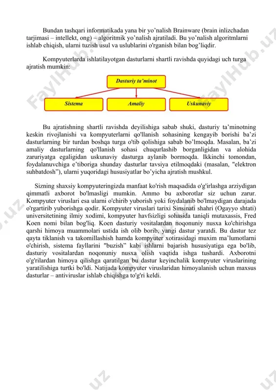 qa turga o'tib qolishiga sabab bo’lmoqda. masalan, ba’zi amaliy dasturlarning qo'llanish sohasi chuqurlashib borganligidan va alohida zaruriyatga egaligidan uskunaviy dasturga aylanib bormoqda. ikkinchi tomondan, foydalanuvchiga e’tiboriga shunday dasturlar tavsiya etilmoqdaki (masalan, "elektron suhbatdosh”), ularni yuqoridagi hususiyatlar bo’yicha ajratish mushkul. sizning shaxsiy kompyuteringizda manfaat ko'rish maqsadida o'g'irlashga arziydigan qimmatli axborot bo'lmasligi mumkin. ammo bu axborotlar siz uchun zarur. kompyuter viruslari esa ularni o'chirib yuborish yoki foydalanib bo'lmaydigan darajada o'rgartirib yuborishga qodir. kompyuter viruslari tarixi sinsinati shahri (ogayyo shtati) universitetining ilmiy xodimi, kompyuter havfsizligi sohasida taniqli mutaxassis, fred koen nomi bilan bog'liq. koen dasturiy vositalardan noqonuniy nusxa ko'chirishga qarshi himoya muammolari ustida ish olib borib, yangi dastur yaratdi. bu dastur tez qayta tiklanish va takomillashish hamda kompyuter xotirasidagi muxim ma’lumotlarni o'chirish, sistema fayllarini "buzish” kabi ishlarni bajarish hususiyatiga ega bo'lib, dasturiy vositalardan noqonuniy nusxa olish vaqtida ishga tushardi. axborotni o'g'rilardan himoya qilishga qaratilgan bu dastur keyinchalik kompyuter viruslarining yaratilishiga turtki bo'ldi. natijada …