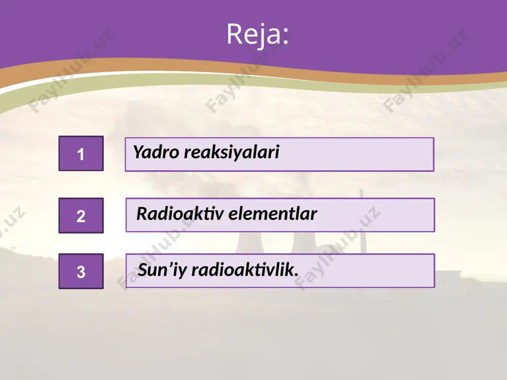 jlangani sari bir elementni ikkinchi elementga aylantirish imkoniyatlari paydo bo‘ldi. 1934- yilda fredrik jolio-kyuri va iren kyuri sun’iy radioaktivlikni kashf etdilar. bu kashfiyot yordamida radioaktiv bo‘lmagan elementlar yadrolarini turli zarrachalar bilan “bombardimon” qilib ikkinchi elementning radioaktiv izotoplarini olishga muvaffaq bo‘ldilar. image2.jpg image3.jpeg image4.jpeg image5.jpeg image6.gif image7.jpeg image8.png image9.gif image10.jpeg image11.jpeg image12.jpeg image13.jpeg image14.jpeg image15.jpeg image16.jpeg image17.jpeg image18.jpeg image19.jpeg image20.jpeg image21.jpeg image22.jpeg image23.jpeg image24.jpeg image25.jpeg image26.jpeg image27.jpeg image28.jpeg image29.png image1.jpg