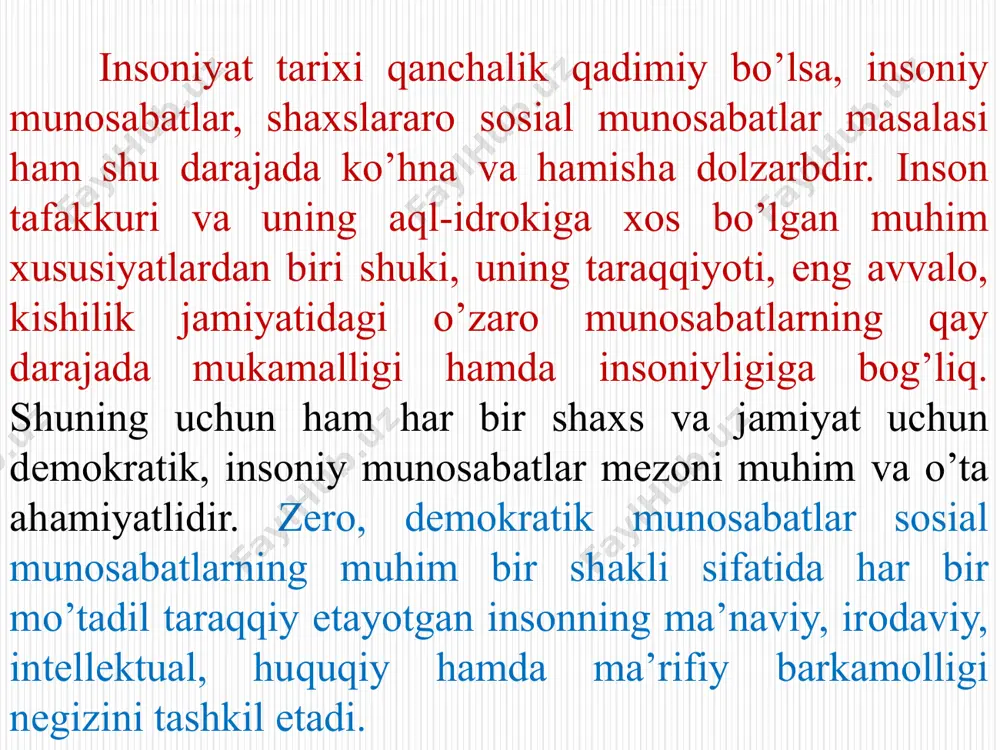 rni o’ylantirayotgan masala shuki, jamiyatda rivojlanadigan va uning ta’sirida shakllanuvchi shaxs uchun qanday sosial munosabatlar muhiti zarur yoki boshqacha qilib aytganda, uning barkamolligi uchun maqbul shart-sharoitlarni yaratish mumkinmi yoki uning progressiv taraqqiyoti uchun muhim bo’lgan shaxslararo munosabatlar tizimini yaratish imkoniyati bormi? bu fikrning paydo bo’lishiga sabab ayrim tadqiqotchilarda jamiyat ta’siridan ko’ra, shaxsning bevosita o’z muhiti, hattoki yolg’izlik ham ijobiy omil bo’lishi mumkin, degan fikrlari ham yo’q emas. olimlarning ta’kidlashlaricha, yaponlar tarbiya maktabida «maritao» deb nomlanuvchi tizim mavjud ekanki, unga ko’ra, o’smir yoki o’spirin ma’lum taraqqiyot bosqichida yolg’izlikka mahkum etilar ekan. bunda uni g’orga yoki shunga o’xshash joyga yolg’iz qamab qo’yishar, hatto, o’zi bilan o’zi muloqot qilishi ham ta’qiqlanarkan. g’arb tadqiqodchilari (l.simyonova va b.q.) ushbu jarayonning psixologik mohiyatini talqin qilar ekanlar, uning ikki jihatiga e’tiborni qaratadi: bir tomondan, bu narsa ijobiy samara berishi mumkin, chunki odam o’zini-o’zi anglash, o’ziga xolis baho berish, ijodiy rivoji uchun zarur imkoniyatni o’zidan qidirishga muyassar bo’ladi. …