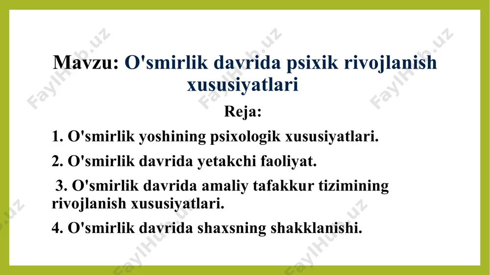 ri sababli yuzaga keladigan xarakter belgilaridir. mana shu ijtimoiy sharoitlarni o‘zgartirish yo‘li bilan o‘smirlarning xulq-atvoriga to‘gridan-to‘gri ta’sir ko‘rsatash mumkin. o‘smirlar nihoyatda taqlidchan bulib, ularda hali aniq bir fikr, dunyoqarash shakllanmagan buladi. ular tashqi ta’sirlarga va hissiyotlarga juda beriluvchan bo‘ladilar. shuningdek, ularga mardlik, jasurlik, tangiqlik ham xosdir. tashqi ta’sirlarga beriluvchanlik o‘smirda shaxsiy fikrni yuzaga kelishiga sabab bo‘ladi, lekin bu shaxsiy fikr aqsariyat hollarda asoslanmagan bo‘ladi. shuning uchun ham ular ota-onalarning, atrofdagi kattalarning, shuningdek, ustozlarning to‘g‘ri yo‘lni ko‘rsatishlariga qaramay, o‘z fikrlarini o‘tkazishga harakat qiladilar. juda ko‘p o‘smirlar bu davrda chekish hamda spirtli ichimliklarga qiziqib qoladilar. katta odam, shuningdek chekuvchi, ichuvchi singari yangi rollarda o‘zini qulay his qiladi. bunday holatlarga tushgan o‘smir juda g tashvishga tushadi va unda krizis holati yuzaga keladi. bu krizis o‘smirning ma’naviy o‘sishi, shuningdek psixikasidagi o‘zgarishlar bilan ham bog‘liqdir. bu davrda bolaning ijtimoiy mavqei o‘zgaradi, o‘zining yaqinlari, do‘stlari, tengdoshlari bilan yangi munosabatlar yuzaga keladi. lekin eng katta o‘zgarish uning …