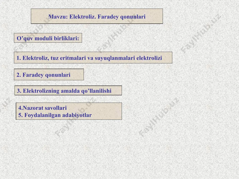 rilish jarayoni ionlarning oksidlanish–qaytarilish potensiallari qiymatiga bog’liq. kislotali eritmalardan vodorodni ajralib chiqishi vodorod ionlarining zaryadsizlanishi hisobiga boradi. neytral va ishqoriy eritmalarda suv molekulalari qaytariladi: masalan: nacl suvdagi eritmasini elektroliz qilinganda, suv molekulalari elektrolizga uchrashi hisobiga katodda na o’rniga h2 qaytariladi. umumiy tarzda quyidagicha: * 7 elektrolizda katod sifatida ishlatiladigan elektrodlar elektrokimyoviy korroziyaga uchramaydi. shuning uchun ular elektrolitda barqaror bo’lib, ularning soni ko’pdir. lekin katodlar uchun ular yuzasidan vodorod qaysi bir potensial qiymatida ajralishi muhim amaliy ahamiyata ega. pt, pb, au kabi metallarda vodorod oson, kichik elektrod potensiallarida ajraladi. agar elektroliz natijasida vodorod olish lozim bo’lsa (masalan suvning elektrolizi) kam vodorod o’ta kuchlanishli, vodorod hosil bo’lishi kerak bo’lmagan hollarda (masalan metall olish) yuqori vodorod o’ta kuchlanishli elektrodlar ishlatiladi. ko’pchilik hollarda katod yuzasida elektrosintez jarayoni borib, katod shu reaksiya uchun katalizator vazifasini o’tashi ham mumkin. anodda sodir bo’ladigan jarayonlar elektrolitga ham, anod yasalgan moddaga ham bog’liq bo’ladi. anodlar ikki xil bo’ladi: eruvchan …