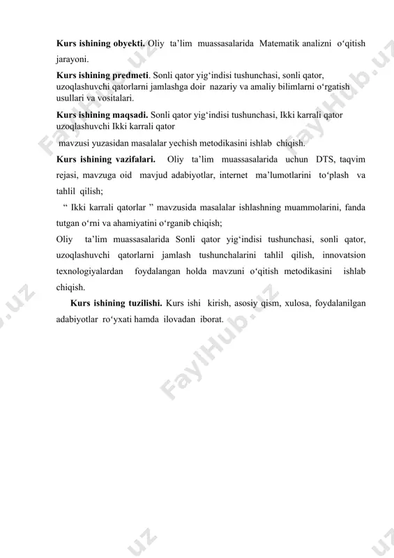 da barcha sonli qatorlar ichidan faqat biror qoniqarli ma’noda yig‘indi tushunchasini kiritish mumkinlarinigina ajratib olinib, qolganlarini esa o'rganilmaydi. limitlar nazariyasiga tayangan bu yondashish xix asr matematiklari tomonidan rivojlantirildi va u juda sermahsul bo'lib chiqdi. o`sha vaqtda kiritilgan sonli qator yig‘indisi tushunchasi, yig'indiga ega bo'lgan qatorlar sinfini kengaytirish natijasida; doimo rivojlantirildi va hozir ham rivojlanib kelmoqda. 3. navbatdagi maqsadimiz (9.1.1) cheksiz yig'indiga, xuddi chekli sondagi hadlar yig'indisi xossalariga ega bo'ladigan qilib, ma’no berishdan iboratdir. buning uchun, dastlabki n ta hadning yig'indisini hisoblab, n cheksiz kattalashganda bu yig'mdining o'zgarishini kuzatamiz. ta’rif, berilgan (9.1.1) qatoming dastlabki n ta hadi yig'indisini bu qatoming n- qismiy yig‘indisi deb ataymiz va sn simvoli orqali belgilaymiz: 9.1.1-misol. ushbu qatorning qismiy yig'indilari. ga tengdir. demak, bu misolda {sn} qismiy yig'indilar ketma-ketligi yaqinlashuvchi bo‘lib,uning limiti 1 ga teng ekan. shuning uchun aynan ana shu sonni berilgan sonli qatorning yig‘indisi deb hisoblash tabiiydir. shunday qilib, biz sonli qator yig'indisining quyidagi …