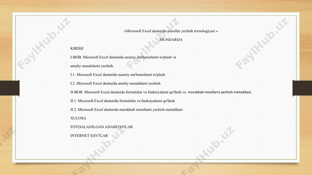ishining navbatdagi qadami bo'ldi. 1983 yil lotus firmasining 1-2-3 paketlari chiqib, kutilgandan xam ziyodroq muvaffaqiyatga erishdi. ammo 1997 yil microsoft firmasi tomonidan excel dasturi taqdim etildi, u hozirgi kunda ham o'z sinfidagi eng quvvatli dastur hisoblanadi. shubha yo'qki, excel eng ommabop dasturlardan biridir. bu dastur ixtiyoriy axborotni (matnlar, sonlar, sana va hokazolarni) qayta ishlab chiqish va saqlash imkonini beribgina qolmasdan, balki qilgan ishingiz natijasini bezash, ko'rgazmaliroq ko'rsatish va chop etish imkoniyatini beradi. bunda siz winword dasturidagi tahrirlash vositalaridan foydalanishingiz mumkin. i.2. microsoft excel dasturida amaliy masalalarni yechish. ms excel 2003 dasturini yuklashdan oldin windows xp operatsion tizimini yuklash lozim. bu esa sodda, ya‘ni xozirgi paytda kompyuter yuklanishi bilan amalga oshadi. sichqoncha kursatkichi ekranning qo’yi tomonida joylashgan pusk (start) tugmachasiga keltirilib chap tugmasi bosiladi. natijada ekranda bosh menyu hosil bo’ladi. (i.2.1 – rasm). ii-bob. microsoft excel dasturida formulalar, funksiyalarni qo'llash va murakkab misollarni yechish metodikasi ii.1. microsoft excel dasturida formulalar va …