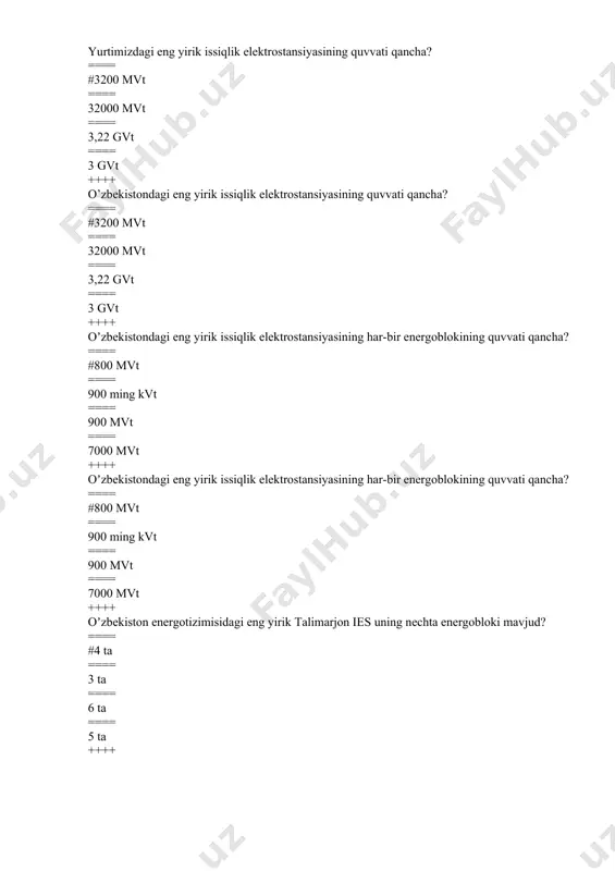 == yoritish xususiyatiga ==== yoritilganligiga ==== ishlash muddatiga ++++ isteʼmolchilarni kamchiliklari chastotani ikki marta kamayishidan kelib chiqadi, bu xolat elektr uskunalarni qanday xolatida yuz beradi. ==== #avariya ==== yukalma ==== salt ==== nagruska ++++ generatorni yuklamasi va uni taʼsiridan kelib chiqqan tormozlanish momenti, birlamchi motolarni aylanish momentitidan oshib kesa agregatlar tormozlanadi va generatorlar ishlab chiqqan oʼzgaruvchan tokni nimasi kamayadi? ==== #chastotasi ==== kuchi ==== zichligi ==== quvvati ++++ generatorni yuklamasidan kelib chiqqan tormozlanish momenti, birlamchi motorlarni aylanish momentiga nisbatan kamayib kesa, nagregatlarni nimasi koʼpayadi? ==== #aylanish chastotasi ==== aylanish tezligi ==== aylanish mamenti ==== aylanish davri ++++ kam quvvatli elektrostansiya va energotizimlarda, chastotani ogʼishini necha % ga ruxsat etiladi? ==== #+1 ==== +10 ==== +4 ==== +7 ++++ quvvati pas elektrostansiya va energotizimlarda, chastotani ogʼishini necha % ga ruxsat etiladi? ==== #+1 ==== +10 ==== +4 ==== +7 ++++ quvvati 250 kvt boʼlgan elektr stansiyalarda chastotani ogʼishi necha % gacha …