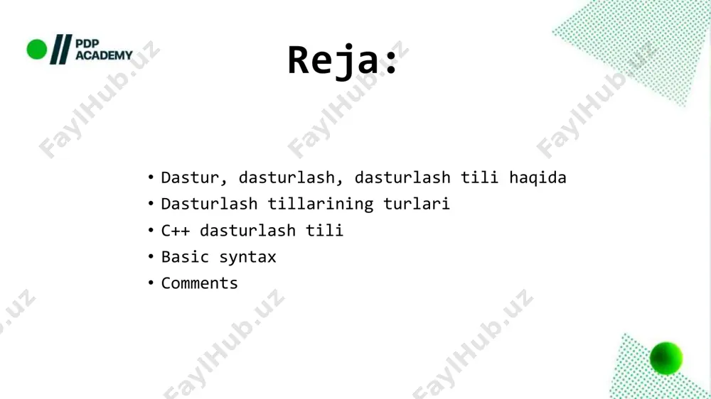 r qanday matn kompilyator tomonidan e'tiborga olinmaydi (bajarilmaydi). ko'p qatorli commentlar /* bilan boshlanadi va */ bilan tugaydi. /* va */ orasidagi har qanday matn kompilyator tomonidan e'tiborga olinmaydi: e`tiboringiz uchun rahmat!