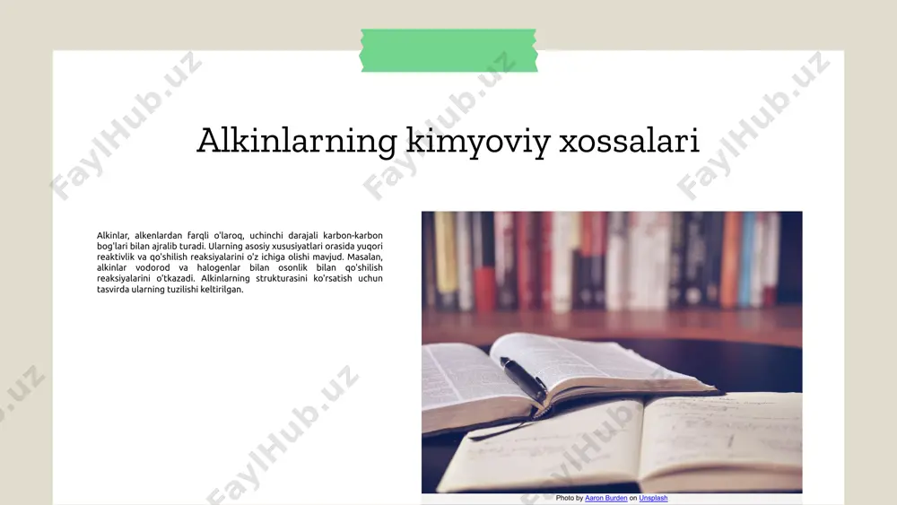ong'in o'chirish uskunalari. - shoshilinch yordam ko'rsatish vositalari. photo by jazmin quaynor on unsplash alkinlar va ularning funktsional guruhlari alkinlar, uglevodorodlar sinfiga kiruvchi birikmalar bo'lib, ularning molekulalarida kamida bitta triple bog' mavjud. ular o'z ichiga c≡c bog'ini oladi va bu ularni alkenlardan va alkandan farqlaydi. alkinlar funktsional guruhlari, asosan, triple bog' va boshqa guruhlar, masalan, gidroksil yoki karbonil guruhlari orqali belgilanadi. funktsional guruhlar alkinlarning kimyoviy xossalari va reaktivligini belgilovchi muhim elementlardir. ular alkinlarning reaksiya mexanizmlarini belgilab beradi va ular bilan bog'liq turli jarayonlarda muhim rol o'ynaydi. alkinlar kimyosida funktsional guruhlarning ahamiyati shundaki, ular birikmalarning noyob xususiyatlarini ta'minlaydi. alkinlar va funktsional guruhlar o'rtasida o'xshashliklar va farqlar mavjud. o'xshashlik, ikkalasi ham uglevodorodlar bo'lib, bir xil asosiy tuzilishga ega. farqlar esa, alkinlarning triple bog'ga ega bo'lishi va ularning reaktivligi boshqa uglevodorodlarga nisbatan yuqori bo'lishidadir. photo by aaron burden on unsplash alkinlarning fizik xossalari alkinlar gaz holatida bo'lib, rangsiz va hidlanmaydigan moddalar. ularning fizik …