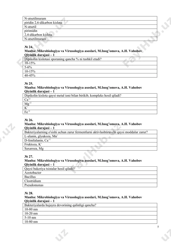 va, a.h. vahobov qiyinlik darajasi – 2 grammanfiy bakteriyalarda peptidoglikan hujayra quruq massasining qancha qismini tashkil etadi? 1-10% 10-20% 20-30% 15-25% № 36. manba: mikrobiologiya va virusologiya asoslari, m.inog’omova, a.h. vahobov qiyinlik darajasi – 2 tsitoplazmatik membrananing qalinligi qancha va hujayra quruq moddasining qancha qismini tashkil etadi? 9 nm, 8-15% 3 nm, 30-40% 1 nm, 20% 15 nm, 50% № 37. manba: mikrobiologiya va virusologiya asoslari, m.inog’omova, a.h. vahobov qiyinlik darajasi – 2 tsitoplazmatik membrananing qancha qismini lipid tashkil etadi? 70-90% 8-15% 30-40% 10-20% № 38. manba: mikrobiologiya va virusologiya asoslari, m.inog’omova, a.h. vahobov qiyinlik darajasi – 2 tsitoplazmaning oqsillar, fermentlar, substratlar, eruvchan rnk va boshqa hujayra granulalaridan iborat bo’lgan gomogen qismiga nima deyiladi? tsitozol lizasoma membrana mezasoma № 39. manba: mikrobiologiya va virusologiya asoslari, m.inog’omova, a.h. vahobov qiyinlik darajasi – 2 suv bakteriyalarining ko'plarida gaz bilan to'lgan struktura bo’lib, u nima deb yuritiladi? aerosomalar mezasomalar xlorosomalar lizasomalar № 40. …