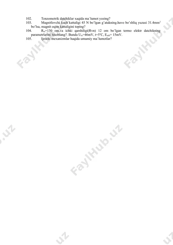 um=6mv, t=8oc, etabl= 11mv. 65. avtomatika sxemalari va ularning vazifalari (funksional, prinsipial sxemalar)? 66. avtomatlashtirishning bugungi holati, asosiy maqsad va vazifalari? 67. texnologik nazorat asboblarining suv xo'jaligi tizimida qo'llash sharoitlari? 68. magnitlovchi kuch kattaligi 10 n bo’lgan g’atakning.havo bo’shliq yuzasi 620 mm2 bo’lsa, magnit induksiyasini va kuchanganigini toping? 69. rm=170 om,va ichki qarshiligi(rvn) 5 om bo’lgan termo elektr datchikning parametrlarini hisoblang?. bunda um=3mv, t=57oc, etabl= 15mv. 70. avtomatika sxemalari va ularning vazifalari (funksional, prinsipial sxemalar)? 71. avtomatlashtirishning bugungi holati, asosiy maqsad va vazifalari? 72. texnologik nazorat asboblarining suv xo'jaligi tizimida qo'llash sharoitlari? 73. magnitlovchi kuch kattaligi 12 n bo’lgan g’atakning.havo bo’shliq yuzasi 80 mm2 bo’lsa, magnit induksiyasini va kuchanganigini toping? 74. rm=14 om,va ichki qarshiligi(rvn) 0,5 om bo’lgan termo elektr datchikning parametrlarini hisoblang?. bunda um=6mv, t=8oc, etabl= 15mv. 75. qishloq va suv xo`jaligi sharoitlarida ishlatiladigan avtomatika vositalari xususiyatlari? 76. avtomatlashtirishning bugungi holati, asosiy maqsad va vazifalari? 77. texnologik nazorat asboblarining …