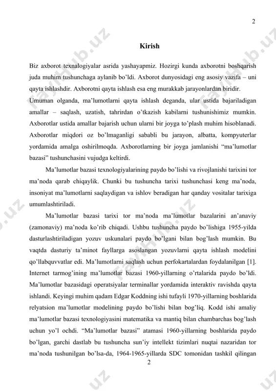 uncha sun’iy intellekt tizimlari nuqtai nazaridan tor ma’noda tushunilgan bo’lsa-da, 1964-1965-yillarda sdc tomonidan tashkil qilingan simpoziumlarda joriy etilgan. ushbu atama zamonaviy ma’noda faqat 70-yillarda keng qo’llanilgan. ma’lumotlar bazasi haqida tushuncha biz texnalogiyalar asrida yashamoqdamiz.insonning kundalik mеhnat faoliyati tashqi muhit to`g`risidagi axborotlarni qabul qilish va to`plash, turli masalalarni еchish uchun zarur bo`lgan ma'lumotlarni aniqlash, qayta ishlash kabi amallarni bajarish bilan bog`liq bo`ladi. “ma’lumotlar bazasi” atamasi 1960-yillarning boshlarida paydo bo’lgan, garchi dastlab bu tushuncha sun’iy intellekt tizimlari nuqtai nazaridan tor ma’noda tushunilgan bo’lsa-da, 1964-1965-yillarda sdc tomonidan tashkil qilingan simpoziumlarda joriy etilgan. ushbu atama zamonaviy ma’noda faqat 70-yillarda keng qo’llanilgan. ma’lumotlar bazasi – tegishli ma’lumotlar to’plamini o’z ichiga olgan umumiy, birlashgan kompyuter tuzilmasi shu sababli, ham yuqoridagi amallar majmuasi, ularni tatbiq etish usullarini vositalari axborot tizimlarini (at) yaratish uchun asos bo`lib xizmat qiladi. axborot tizimlarining asosiy maqsadi foydalanuvchilarni tеgishli sohaga taaluqli bo`lgan axborot bilan ta'minlashiga qaratilgan. ehmlarning yaratilishi natijasida avtomatlashtirilgan axborot tizimlarini (aat) …