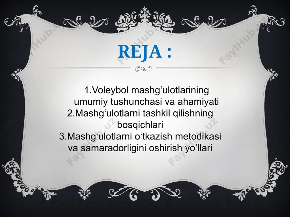 rgarlik ko‘rish, sharoit yaratish, qatnashuvchilarni baholash va mashg‘ulotni samarali o‘tkazish kabilar tushuniladi. bu jarayon bir necha bosqichda amalga oshiriladi: tahliliy tayyorgarlik bosqichi. bu bosqichda o‘quvchilar haqida dastlabki ma’lumotlar yig‘iladi, ularning sog‘ligi, yoshi, jismoniy tayyorgarligi, texnik-taktik ko‘nikmalari aniqlanadi. shuningdek, mashg‘ulot o‘tkaziladigan joy va vositalar tayyorlanadi. rejalashtirish bosqichi. bu bosqichda mashg‘ulotning maqsadi, vazifalari, mazmuni, metodlari, mashqlar tanlanadi. mashg‘ulotlar haftalik, oylik, choraklik reja asosida tuziladi. yuklama va dam olish muvozanati nazarda tutiladi. amaliy bosqich. rejada ko‘zda tutilgan mashqlar real sharoitda o‘tkaziladi. har bir mashg‘ulot kirish, asosiy va yakuniy qismlardan iborat bo‘ladi. murabbiy mashg‘ulot davomida kuzatadi, yordam beradi, tahlil qiladi. nazorat va tahlil bosqichi. mashg‘ulotdan so‘ng sportchilar faolligi, o‘zlashtirishi, yuklama darajasi tahlil qilinadi. bu keyingi mashg‘ulotlarni yaxshilash uchun asos bo‘ladi. 3.mashg‘ulotlar murabbiylik metodikasi asosida quyidagi prinsiplar asosida tashkil qilinadi: bosqichma-bosqichlik: murakkab harakatlarni soddadan murakkabga o‘tish orqali o‘rgatish. takroriylik va mustahkamlash: har bir elementni ko‘p marotaba takrorlash orqali avtomatlashtirish. individuallashtirish: har bir sportchining tayyorgarlik darajasi, …