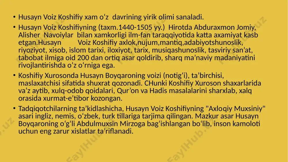 cha bosqichli va puxta tashkil etilgani bois savod o‘rganish ko‘p vaqtni olar edi. chunonchi, faqatgina alifboni o‘rganishga 3-4 oydan bir yilgacha, bazida undan ham ko‘p vaqt sarflanar edi. o‘quvchilar dastlabki o‘qish ko‘nikmalarini egallaganlaridan so‘ng «haftyak»ni (fors. “quronning ettidan bir qismi”) o‘qishni boshlaganlar o‘quvchilar «haftyak»ni tugatganlaridan so‘ng «chor-kitob» (to‘rt kitob)ni o‘qishga kirishganlar. «chor-kitob» fors-tojik tilida yozilgan bo‘lib, uning birinchi qismida diniy marosimlar (tahorat olish, namoz o‘qish, ro‘za tutish va h.q.) sheriy usulda bayon etilgan, ikkinchi qismida yuqoridagi masalalar katexizis (izoh) shaklda ancha keng yoritlgan parchalar o‘rin olgan. “chor-kitob”ning “musulmonlikning muhim masalalari” deb nomlangan uchinchi qismi o‘quvchilarni shariatning asosiy ustuni -musulmon diniy huquqlari bilan tanishtirgan. kitobning “pandnoma” (nasihat kitobi) deb nomlangan va xviii asrda yozilgan to‘rtinchi qismida quroni karimdan olingan odob-axloq masalalariga oid qoidalar sheriy shaklda bayon etilgan. shundan so‘ng o‘quvchilar mutlaq din masalalariga bag‘ishlangan “sabotul ojizin” kitobini o‘qishni boshlaganlar. ushbu asar ko‘pincha uning muallifining nomi bilan, yani – “so‘fi olloyor” deb …