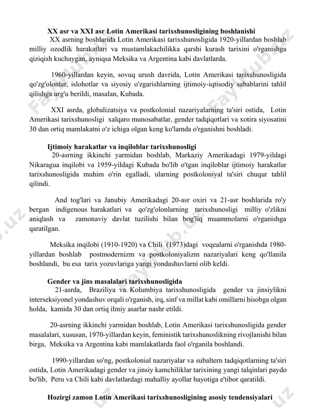 g boshlarida lotin amerikasi tarixshunosligida 1920-yillardan boshlab milliy ozodlik harakatlari va mustamlakachilikka qarshi kurash tarixini o'rganishga qiziqish kuchaygan, ayniqsa meksika va argentina kabi davlatlarda. 1960-yillardan keyin, sovuq urush davrida, lotin amerikasi tarixshunosligida qo'zg'olonlar, islohotlar va siyosiy o'zgarishlarning ijtimoiy-iqtisodiy sabablarini tahlil qilishga urg'u berildi, masalan, kubada. xxi asrda, globalizatsiya va postkolonial nazariyalarning ta'siri ostida, lotin amerikasi tarixshunosligi xalqaro munosabatlar, gender tadqiqotlari va xotira siyosatini 30 dan ortiq mamlakatni o'z ichiga olgan keng ko'lamda o'rganishni boshladi. ijtimoiy harakatlar va inqiloblar tarixshunosligi 20-asrning ikkinchi yarmidan boshlab, markaziy amerikadagi 1979-yildagi nikaragua inqilobi va 1959-yildagi kubada bo'lib o'tgan inqiloblar ijtimoiy harakatlar tarixshunosligida muhim o'rin egalladi, ularning postkoloniyal ta'siri chuqur tahlil qilindi. and tog'lari va janubiy amerikadagi 20-asr oxiri va 21-asr boshlarida ro'y bergan indigenous harakatlari va qo'zg'olonlarning tarixshunosligi milliy o'zlikni aniqlash va zamonaviy davlat tuzilishi bilan bog'liq muammolarni o'rganishga qaratilgan. meksika inqilobi (1910-1920) va chili (1973)dagi voqealarni o'rganishda 1980-yillardan boshlab postmodernizm va postkoloniyalizm nazariyalari keng …