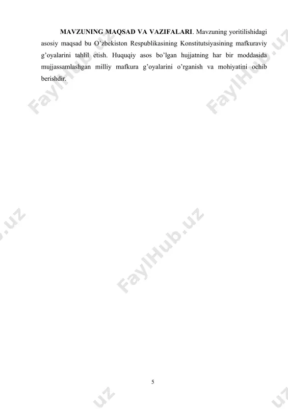 qarolarga huquq va erkinliklar beradi, ularning adolatli davlat organlari orqali himoya qilinadi. 3. davlat tuzilishi: konstitutsiya o'zbekiston respublikasining davlat tuzilishini belgilaydi, davlat organlarining tuzilishini, faoliyatini, huquqiy-huquqiy asoslarni aniqlaydi. 4. milliy mafkura: konstitutsiya o'zbekistonning milliy-axloqiy, madaniy, ma'naviy, ijtimoiy, iqtisodiy va siyosiy hayotini o'z ichiga olgan dasturiy-huquqiy hujjatdir. milliy mafkura o'zbekistonning umumiy qonuniy-xususiyati sifatida tan olinadi. u milliy maqsadlarni amalga oshirish, xalqaro qatnashuvni ta'minlash va davlat fikrini rivojlantirishga asoslanadi. 5. konstitutsiya ustuvorligi: konstitutsiya o'zbekiston respublikasining ustuvorligini ta'minlaydi va barcha davlat organlari unga rioya qilish majburiyati bilan ta'minlanadi. konstitutsiya tuzilishi va asosiy tamoyillari o'zbekiston respublikasining qonuniy-huquqiy bazasini shakllantiradi va davlatning tuzilish va faoliyatining asoslarini belgilaydi. bu asosiy hujjat o'zbekiston respublikasi davlatining qonuniy-huquqiy hayotida katta ahamiyatga ega bo'lib, barcha fuqarolar uchun yagona qonun bo'lib xizmat qiladi. ”o'zbekiston respublikasida o'zbekiston respublikasi konstitutsiyasi va qonunlarining ustunligi so’zsiz tan olinadi”. 33 33 o’zbekiston respublikasining konstitutsiyasi .: t “yuridik adabiyotlar publish”, 2023. [1] 1.2 konsitutsiyamizda milliy mafkuramiz va …