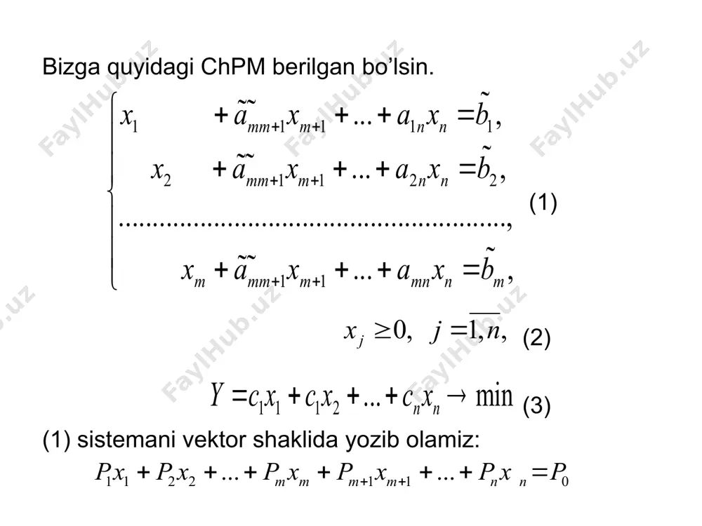 ’zgaruvchilarni kiritib quyidagi kengaytirilgan masalani hosil qilimiz: bu yerda, yetarlicha katta musbat son. sun’iy bazis o’zgaruvchilariga mos vektorlar «sun’iy bazis vektorlar» deb ataladi. berilgan (1)-(3) masalaning optimal yechimi quyidagi teoremaga asoslanib topiladi. 1-teorema. agar kengaytirilgan (4)-(6) masalaning optimal yechimida sun’iy bazis o’zgaruvchilari nolga teng bo’lsa, ya’ni: tenglik o’rinli bo’lsa, u holda bu yechim berilgan (1)-(3) masalaning ham optimal yechimi bo’ladi. agar kengaytirilgan masalaning optimal yechimida kamida bitta sun’iy bazis o’zgaruvchi noldan farqli bo’lsa, u holda boshlang’ich masala yechimga ega bo’lmaydi. 1-misol. masalani sun’iy bazis usuli bilan yeching: yechish. masalaga sun’iy o’zgaruvchilar kiritamiz va uni normal ko’rinishga keltiramiz. hosil bo’lgan masalani simpleks jadvalga joylashtirib, uni simpleks usul bilan yechamiz , . kengaytirilgan masalaning optimal yechimidagi sun’iy o’zgaruvchilar 0 ga teng. shuning uchun (3-teoremaga asosan) berilgan masalaning optimal yechimi: , . xos chiziqli dasturlash masalasi. tsikllanish va undan qutilish usuli ( - usul). agar chpm da bazis vektorlarga mos keluvchi birorta bo’lsa, …