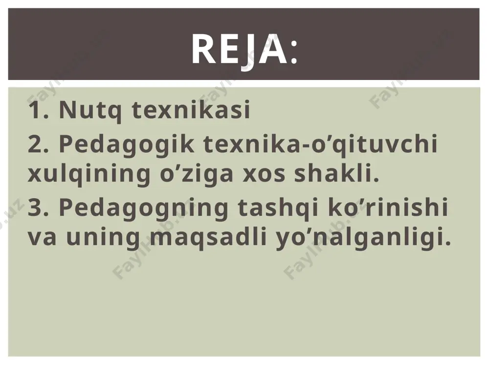 rni ko’tarilib tushishi va ko’krak qafasining yuqori qismi ishtirokida hosil qilinadi. bu bo’sh, yuzaki nafas olish bo’lib, unda faqat o’pkaning yuqori qismi ishtirok etadi; ko’krak qafasoqovurg`alar o’rtasidagi mushaklar yordamida hosil qilinadi. bunda ko’proq nafasning ko’ndalang hajmi o’zgaradi. diafragma kam harakat qiladi. shuning uchun ham nafas chiqarish kuchsiz bo’ladi. diafragma ishtirokidagi nafas-ko’krak qafasning bo’ylama hajmini ortishi hisobiga vujudga keladi. bunda diafragma qisqaradi. qaysi mushaklarning ishtirok etishiga qarab nafas olish 4 turga bo’linadi: tovush-chiqarilgan havoni hiqildoqdan o’tish paytida ovoz pardalarning tebranishi natijasida vujudga keladi. tovush o’zining quyidagi xususiyatlari bilan harakterlanadi: tovush kuchi-tovush apparati organlarining faol ishlashiga bog`liq. chiqarilayotgan havo oqimining tovush tirqishiga bo’lgan bosimi qancha katta bo’lsa, tovush ham shuncha kuchli bo’ladi; tovush pardozi-tovushni o’zoq masofaga uzatilishi va qattiqligini sozlay olishini bildiradi; tovushning ixchamligi va harakatchanligi-uning mazmuniga, tinglovchilarga moslab o’zgartira olish qobiliyatini bildiradi; diapazon-tovush hajmi bo’lib, uning chegarasi eng yuqori va quyi ohanglar bilan belgilanadi. diapazonning qisqarishi nutqni bir ohangli (zerkarli) bo’lib …