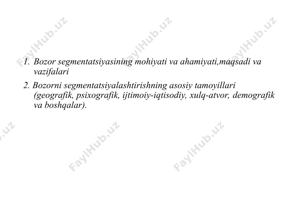 nadilar hamda o`z daromadlaridan 80%ini oziq-ovqat bilan bog`liq bo`lgan ehtiyojlarni qondirishga sarflaydilar tovarni bozor bo`yicha segmentatsiyalashning bir necha parametrlarni kombinatsiyasi qadoqlash tipi bo`yicha qadoqlash hajmi bo`yicha narx bo`yicha tovar guruhlari bo`yicha tovarni qaysi maqsadda ishlashiga ko`ra ishlab chiqaruvchi bo`yicha tovar guruhi-vazifasiga ko`ra tovarlarni bir guruhga birlashtrish. tovar guruhi-bu tarmoq tarkibini yaqqol tasavvur qilish imkoniyatini beradi. masalan, maishiy xizmat ko`rsatish bozorning tovar guruhlari:kir yuvish mashinalari,xolodilniklar,televizorlar va boshqalar. bozorni segmentlash segmentlashni xarakterdan bog`liqligiga ko`ra iste`molchilar turiga ko`ra makro segmentlash mikro segmentlash ichkarida segmentlash chuqur segmentlash avvaldan segmentlash yakuniy segmentlash iste`mol tovarlari iste`molini ishlab chiqarish texnik tovarlar bo`yicha iste`molchilarini ikki turdagi tovar iste`molchilarini segmentlash