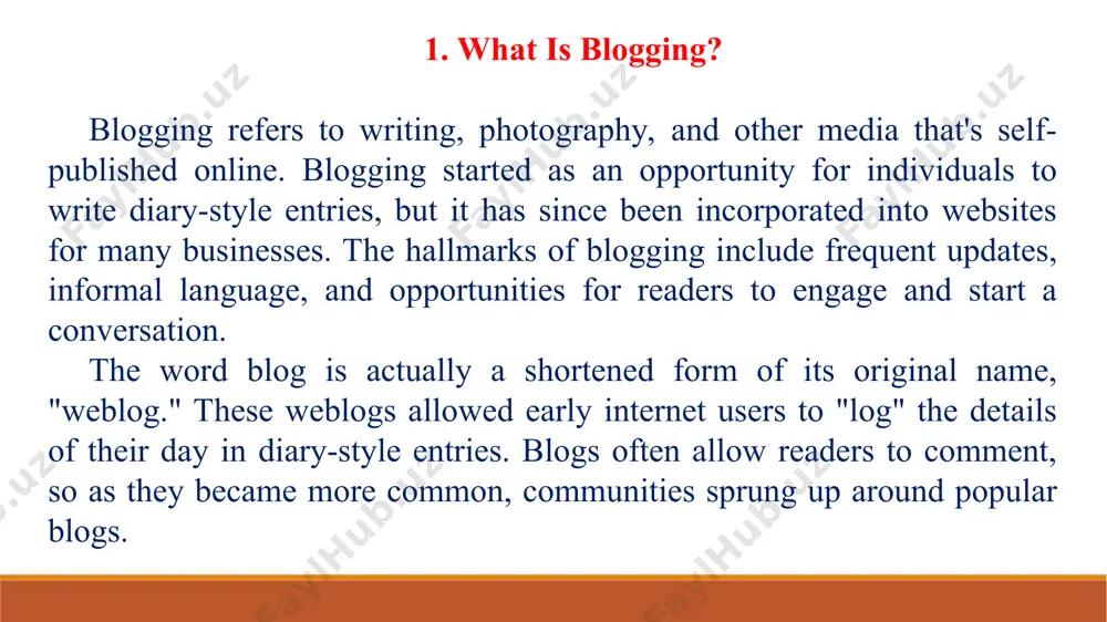 at allow for conversation, but generally speaking, a blog allows for more conversation and interaction than a traditional website does. 3. pros and cons of blogging. pros good for seo maintains communication with customers builds rapport with customers generate alternate income cons time-consuming constantly requires fresh ideas payoff is delayed blogging in and of itself won't generate income pros explained good for seo: search engines love new content, and as a result, blogging is a great search engine optimization (seo) tool. a defining feature of blogs is the frequency with which they're updated, and that fresh content helps improve a website's seo performance. maintains communication with customers: blog posts can keep your customers and clients up-to-date on what's going on, let them know about new deals, and provide tips. the more frequently you post useful content, the more often a customer visits your blog, and the more likely they are …