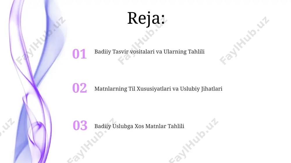 zlarini yaratishdagi o'ziga xos yondashuvi orqali o'rganilishi mumkin. badiiy uslubning evolyutsiyasi 19-asr oxiri va 20-asr boshlarida rossiya imperiyasi ta'siri ostida, toshkentda yevropa uslublari bilan aralashgan yangi badiiy uslublar paydo bo'ldi, bu esa 2 ga yaqin asosiy yo'nalishlarni shakllantirdi. 15-asr samarqand miniatyuralarida kuzatiladigan badiiy uslub, 17-asr buxoro maktabining realistik tasvirlariga nisbatan ancha stilize qilingan va ramziy ma'nolarga boy edi. sovet davrida, 1920-yillardan boshlab, sotsialistik realizm uslubi ustunlik qildi, ammo ba'zi ijodkorlar an'anaviy uslublarni 3-4 yil davomida davom ettirishga harakat qilishdi. kompozitsiya va tuzilma tuzilmaning xronologik yoki tematik tartibda qurilishi, 20-asr oʻzbek sheʼriyatida, chust viloyatida yashovchi shoirlar ijodida uchraydi. kompozitsiyaning 3 qismdan iborat boʻlishi, yaʼni kirish, asosiy qism va xulosa, 19-asr rus realistik adabiyoti namunalarida, masalan, l. tolstoy asarlarida kuzatiladi. kompozitsiya va tuzilma oʻrtasidagi bogʻlanish, 5 ga yaqin hikoya namunalarida tahlil qilinganda, maʼlum bir geografik hudud, masalan, samarqandning madaniy oʻziga xos xususiyatlarini aks ettirishi aniqlandi. til vositalari va obrazlilik "til vositalari va …