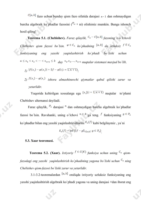 funksiya) funksiya oraliqda ikki marta uzluksiz differensiallanuvchi va da ishorasini saqlasin. aniqlik uchun deb olamiz. shu funksiyaning birinchi darajali (chiziqli) eng yaxshi yaqinlashtirish ko`phadini yasash talab qilinsin. bunday ko`phadni grafik usulda yasashni ko`rsatamiz(1- chizma): 1-chizma funksiya grafigining va nuqtalarini kesma, ya’ni chiziqli funksiya grafigi bilan tutashtiramiz. intervalda yagona nuqta topiladiki, unga mos funksiya grafigiga o`tkazilgan urinma chiziqli funksiyaning grafigi ga paralleldir. shartni nazarga olsak, . demak, uchun eng yaxshi yaqinlashtirish chiziqli funksiyasi bo`ladi, chunki chebishev alternansini tashkil qiladi. 5.6. ikki funksiya eng yaxshi yaqinlashtirish ko`phadlari yig`indisi ular yig`indisining eng yaxshi yaqinlashtirish ko`phadi bo`lmasligini tasdiqlovchi misol. misol 5.3. endi ikki funksiya eng yaxshi yaqinlashtirish ko`phadlari yig`indisi ular yig`indisining eng yaxshi yaqinlashtirish ko`phadi bo`lmasligini tasdiqlovchi misol ko`rsatamiz. 2-chizma . chizmada ifodalangan funksiyalarning eng yaxshi yaqinlashtirish ko`phadlari uchun uchun uchun , yangi mavzuni mustahkamlash (10 minut): talabalar bilan mavzu yuzasidan savol-javob o’tkazish, oson yechiladigan misollar so’rash, tushunilmagan tasdiq, teorema va formulalarni qayta izohlash …