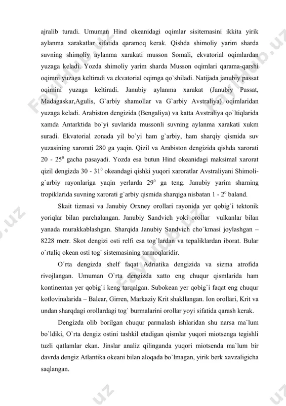 o`rta dengiz geosinklinal rivojlanish bosqichida bo`lganligi sababli seysmiklik, vulkanizm xarakatlarini ham yo`qotgan emas. vizuvit, etna, santorin va boshqa vulkanlar. o`rtaliq atlantik tizmasi islandiya qirg`oqlaridan reykyanes tzimasi sifatida boshlanib, okeanning o`z qsmi bo`ylab minglab kmga cho`ziladi. 52 - 530 shimoliy kengliklarda bu tizma gibbs va reykyanes yoriqlarini kesib o`tadi. shu yerdan shimoliy atlantika tizmasi boshlanadi. 400 shimoliy kengliklar atorofida o`rtaliq okean tizmasining elementlari bo`lib, azor vulkani platosi xisoblanadi. u ko`plab kichik suv o`ti orollaridan va suv ostidagi xarakatdagi vulkanlardan iborat. ekvator bo`yi qismda shimoliy atlantika tizmasi bir qancha ko`ndalang yoriqlar bilan parchalangan. ekvator yaqinida chuqur cho`kmalardan 7856 metrli romansh bo`lib, o`tkinchi zonadan tashqari eng chuqur yeridir. o`rtaliq atlantika tizmasi okean lojasini 2 ta deyarli teng bo`lgan qismlarga ajratadi. boshqa tog` qurilmalari nyufaunlend, barakuda tizmalari, seara, riu-granda balandliklari, pirenet yarim orolidan g`arbdagi madeyda, gorinj va boshqa tog` gruppalari, kapar, yashil burun, gviniya, kit tizmalari ham atlantika okean lojasini bir qancha katlovinalarga bo`lib …
