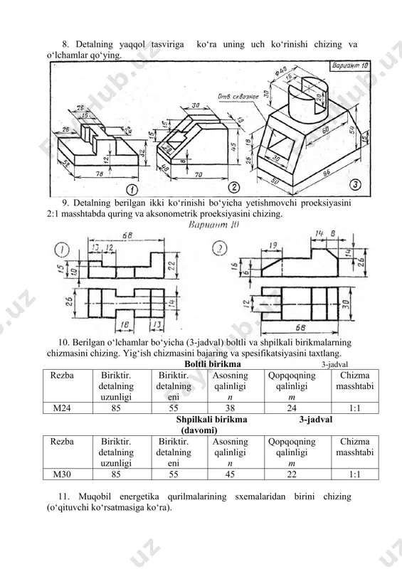 iriktir. detalning eni asosning qalinligi n qopqoqning qalinligi m chizma masshtabi м24 85 55 38 24 1:1 shpilkali birikma 3-jadval (davomi) rezba biriktir. detalning uzunligi biriktir. detalning eni asosning qalinligi n qopqoqning qalinligi m chizma masshtabi м30 85 55 45 22 1:1 11. muqobil energetika qurilmalarining sxemalaridan birini chizing (o‘qituvchi ko‘rsatmasiga ko‘ra). tuzuvchi radjabov m. _1580315365.unknown _1580315475.unknown _1580315357.unknown p h p v p