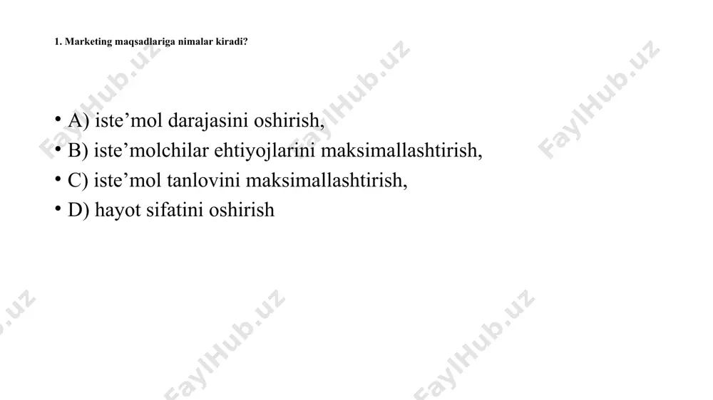 rketing vazifalari avvalo talab va taklif to‘g‘risida olingan ma’lumotlar asosida bozorni o‘rganish tovarlarga bo‘lgan talabni istiqbollash, ularni amalga oshirishni nazorat kilish narxning faoliyatini xaridorlar extiyojiga moslashtirish tovarni bozorga chiqarishdagi barcha xizmatlar to‘g‘risida ma’lumotlar olish to‘ldiruvchi tovarlar va o‘rnini bosuvchi tovarlar to‘g‘risida axborot yig‘ish tovarlar reklamasini tashkil etish, xaridorlarni tovarlarni sotib olishga qizikishini orttirish 3. marketingni vazifalari 09.12.2020 14 marketing vazifalari mahsulotlarni ishlab chiqarish sifat xarajatlar qo’yiladigan talablar mahsulotlarni sotish bozorni o’rganish talab taklif bozorga ta’sir o’tzakish choralari sotuvni tashkil etish savdo reklama image1.png image2.jpeg image3.jpeg image4.jpeg /docprops/thumbnail.jpeg