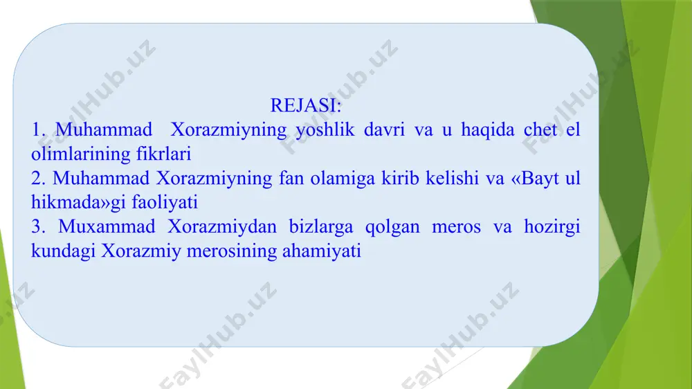 tarjima qilindi va yirik rasadxona qurilishi boshlab yuborildi. dunyoning turli burchaklariga ilmiy ekspeditsiyalar tashkil qilindi, al-ma’mun bu ilmiy markazda va xalifalikdagi barcha fanlar rahbari qilib vatandoshimiz muhammad ibn muso al-xorazmiyni tayinladi. al-xorazmiy matematika, geometriya, astronomiya, tarix, geografiya va boshqa fanlarga doir ko’plab risolalar yozgan.bizgacha allomaning 20-ga yaqin asari etib kelgan. ularni quyida sanab o’tamiz: – “al-kitob al-muxtasar fi hisob al-jabr val-muqobala” (“aljabr va almuqobala hisobi haqida qisqacha kitob”) al-xorazmiyning bu asari nomidan “algebra” atamasi paydo bo’lgan. risola xii asrdayoq lotin tiliga tarjima qilinib, “algorithmi” risolasi nomi bilan butun evropaga tarqalgan. muhammad al xorazmiyning matematika bo’yicha yozgan risolalari: “kitob al jabr val muqobala”, ”hind hisobi haqida qisqacha kitob”, “astronomik jadvallar”, “kitobul suratul arz” . “hind hisobi haqida qisacha kitob” asarlari yevropada hind pozitsion sistemasining tarqalishida muhim rol o’ynadi. fan tarixchisi adam mets iborasi bilan aytganda “musulmon renessansi” deb atalgan fan tarixidagi bu hodisa birinchi o’rinda xorazmiy nomi va uning jasorati bilan …