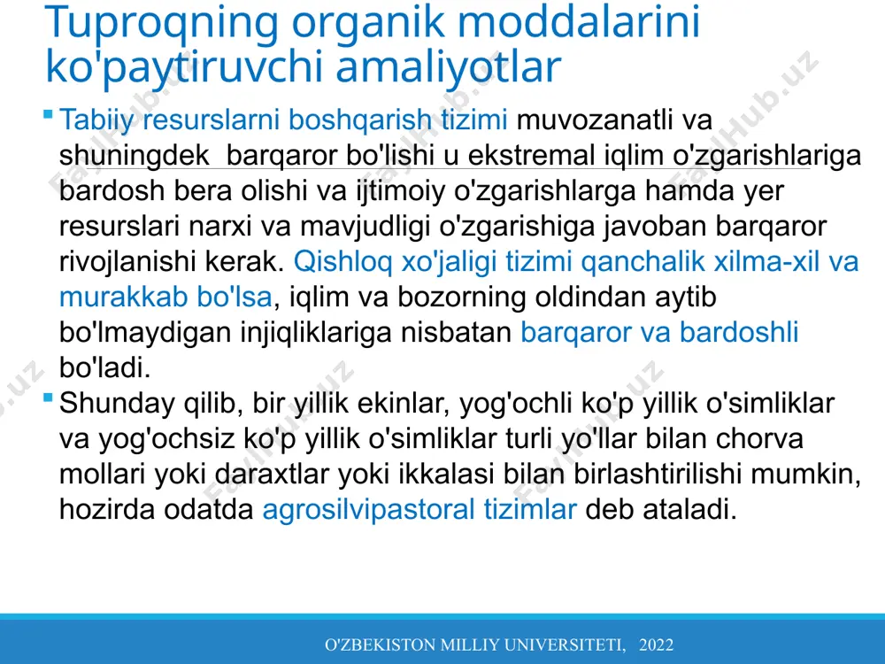 dagi ozuqa moddalari yetarli boʻlgan joylarda ekinlar yaxshi oʻsadi va koʻp miqdorda biomassa hosil qiladi. o'g'itlar tuproqdagi ozuqa moddalari etishmayotgan va sog'lom ekinlarni (fao, 2000) va etarli biomassani bera olmaganida kerak bo'ladi. sahroi kabirdan janubiy afrikadagi (ssa) koʻpchilik tuproqlarda fosfor kam. p nafaqat o'simliklarning o'sishi, balki n fiksatsiyasi uchun ham zarurdir. muvozanatsiz o'g'itlash, masalan, asosan n bilan, begona o'tlar bilan raqobatning kuchayishiga, zararkunandalar sonining ko'payishiga va o'simlik mahsuloti sifatining pasayishiga olib kelishi mumkin. balanssiz o'g'itlash oxir-oqibat nosog'lom o'simliklarga olib keladi. shuning uchun o'g'itlar etarli miqdorda va muvozanatli nisbatlarda qo'llanilishi kerak. tuproqdagi organik moddalar miqdori ham yuqori bo'lgan joyda o'g'itning samaradorligi yuqori bo'ladi. juda kambag'al yoki qurib qolgan tuproqlarda ekinlar o'g'itlarni samarasiz ishlatadi. tuproqdagi organik moddalar darajasi tiklanganda, o'g'itlar ekinlar hosildorligini va shuning uchun tuproqqa qaytariladigan qoldiq miqdorini oshirish orqali tuproqdagi ozuqa moddalarining zaxiralarini saqlashga yordam beradi. balansli o’g’it qo’llash o'zbekiston milliy universiteti, 2022 qoplama ekinlarni etishtirish organik moddalar darajasini va …