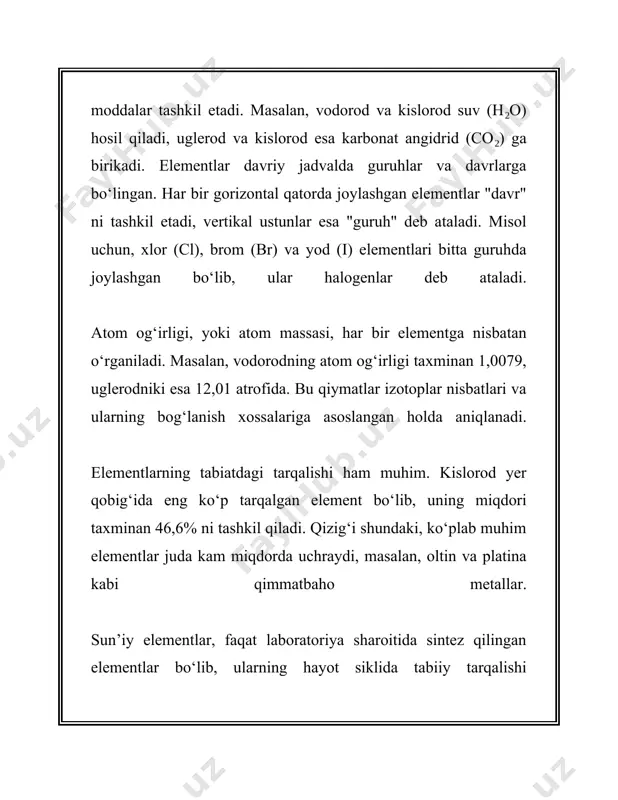 nidagi roli katta. masalan, uglevodlar (glyukoza, c₆h₁₂o₆) hujayralar uchun asosiy energiya manbai hisoblanadi. ayni vaqtda yog'lar, oqsillar va nuklein kislotalar ham hayot uchun muhimdir. yog'lar gidrofobik molekulalar bo'lib, ular lipid deb ham ataladi, masalan, triglitseridlar. oqsillar aminokislotalardan tashkil topgan zanjirlar bo'lib, ular hujayralar faoliyatining ko'plab tomonlarini boshqaradi. oxirgi yillarda organik kimyo fanida nanotexnologiyalar va biomateriallar kabi yangi sohalar rivojlanmoqda. misol uchun, uglerod nanotubalari va grafen materiallarning tuzilishida va elektr o'tkazuvchanlik xususiyatlarida inqilobiy o'zgarishlar qilish imkoniyatini beradi. ko'rinib turibdiki, organik birikmalar kimyo va biologiyaga oid juda ko'p masalalarni qamrab oladi va ularning tadqiqi har kuni yangilanib, kengayib bormoqda. 3. anorganik birikmalar anorganik birikmalar — bu organik bo'lmagan moddalarning katta guruhiga kiruvchi kimyoviy birikmalardir. bu turdagi birikmalar asosan, tabiatda keng tarqalgan minerallar va gazlardan iborat. anorganik kimyo aynan shu turdagi moddalarning tuzilishi, xossalari va reaksiyalarini o'rganadi. quyida anorganik birikmalar haqida ba'zi asosiy ma'lumotlarni keltirib o'tamiz. anorganik birikmalar asosan metall va metallmas elementlardan …