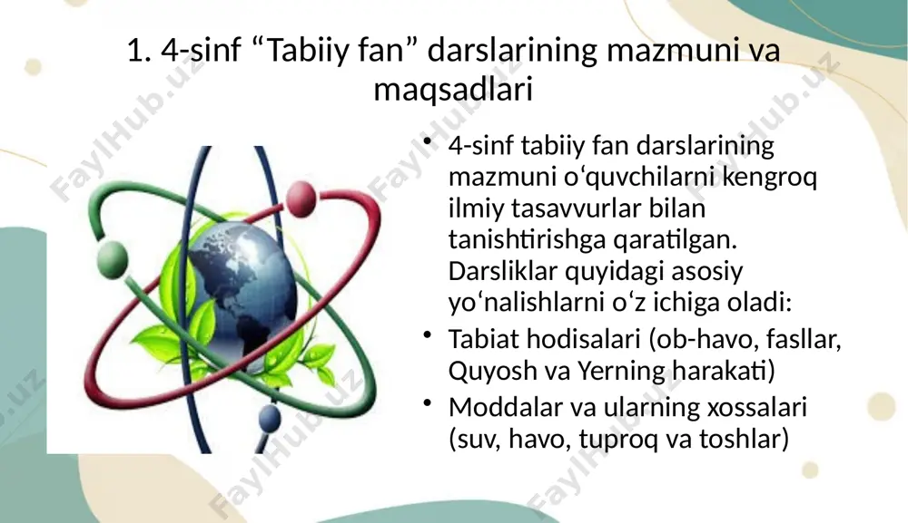 rag‘batlantiruvchi “kashfiyotchi savollar” bo‘lishi maqsadga muvofiq darsga interaktiv darsliklar, mobil ilovalar yoki ar (augmented reality) texnologiyasi kiritilishi tavsiya etiladi xulosa 4-sinf “tabiiy fan” darslari o‘quvchilarda tabiat va inson o‘rtasidagi bog‘liqlikni chuqur tushunishga xizmat qiladi. darslar zamonaviy metodlar asosida tashkil etilayotgani, ularni samarali va qiziqarli o‘rganishga keng imkon yaratmoqda. biroq, darslarda amaliy va innovatsion yondashuvlar sonini oshirish orqali yanada yuqori natijalarga erishish mumkin. foydalanilgan adabiyotlar: o‘zbekiston respublikasi xalq ta’limi vazirligi – 4-sinf “tabiiy fan” darsligi, 2023-yil tabiiy fan fanidan metodik qo‘llanma, toshkent, 2023 ergasheva m. – boshlang‘ich sinflarda tabiiy fanlarni o‘qitish metodikasi, samarqand, 2021 www.ziyonet.uz – ta’limiy elektron resurslar portali xolmurodova d. – innovatsion pedagogika va fanlar integratsiyasi, toshkent, 2022 image2.png image3.png image1.png /docprops/thumbnail.jpeg
