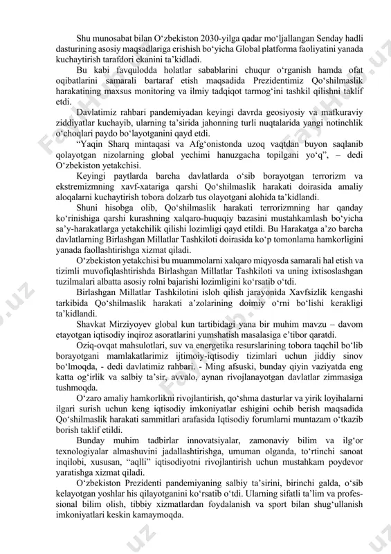 shtirish, “yashil” energetikani rivojlantirish, qo‘shma ta’lim dasturlarini amalga oshirish kabi yo‘nalishlar ko‘rsatib o‘tildi. shu oyda samarqand shahrida o‘tkaziladigan savdo va investitsiyalar bo‘yicha hadli bitim (tifa) yig‘ilishiga muhim ahamiyat berilmoqda. afg‘onistonda tinchlik o‘rnatish borasida keng xalqaro hamkorlikka oid masalalar ham ko‘rib chiqildi. ushbu mamlakatdagi vaziyatning keskinlashishiga va gumanitar inqirozning avj olishiga yo‘l qo‘yib bo‘lmasligi, mavjud muammolarni hal qilish algoritmini ishlab chiqish uchun bmt maydonidan faol foydalanish zarurligi, shuningdek, tinchlik jarayoniga va afg‘oniston iqtisodiyotini tiklashga ko‘maklashish uchun mintaqaviy infratuzilma loyihalarini qo‘llab-quvvatlash muhimligi to‘g‘risida yakdil fikr bildirildi. o‘zbekiston prezidenti qo‘shilmaslik harakati sammitida xalqaro ahamiyatga molik bir qator muhim tashabbuslarni ilgari surdi o‘zbekiston respublikasi prezidenti shavkat mirziyoyev 2-mart kuni boku shahrida qo‘shilmaslik harakati muloqot guruhining sammitida nutq so‘zladi. ozarbayjon respublikasi prezidenti ilhom aliyev raisligida o‘tgan tadbirda turkmaniston prezidenti serdar berdimuhamedov, iroq prezidenti abdullatif jamol rashid, liviya davlati prezident kengashi raisi muhammad yunus al-manfi, bosniya va gersegovina prezidiumi raisi jelka sviyanovich, shuningdek, kuba vitse-prezidenti salvador …