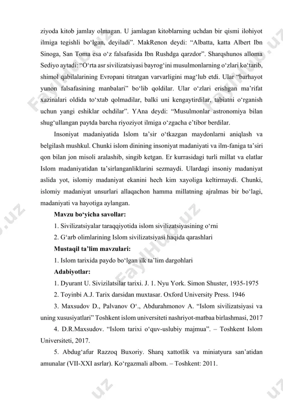 monlar bilan teng millat bo‘lishi mumkin, ammo taxminimcha musulmonlardan ustuni bo‘lmagan. musulmonlar hukmiga o‘tgan shaharlarda masjid va madrasa qurishga katta e’tibor berardilar. agar shahar katta bo‘lsa, u holda bir emas, bir nechta masjid va madrasa qurilardi. ana shular qatorida 1173 yilda vafot etgan benyamin totbaliy guvoh bo‘lgan iskandariyadagi 20 ta madrasa ham turadi. bundan tashqari bag‘dod, qohira, kordova va shunga o‘xshash katta shaharlarda labaratoriya, rasadxona hamda ilmiy tadqiqotga asqotadigan barcha sharoit yaratilgan, kitobga boy kutubxonalarga ega jome’a – universitetlar qad ko‘targandi. musulmon tarixshunoslari rivoyatiga ko‘ra, birgina ispaniyada arablarga tegishli etmishta kutubxona bo‘lgan. xalifa “al-hakamus-saniy” ning kordova shahridagi xos kutubxona tokchalarida olti yuz ming kitob terilgandi. shulardan qirq to‘rt jildi fihrist – mundarija bo‘lgan. shu sababli dono charl to‘rt yuz yildan keyin fransiyaning qirol kutubxonasida to‘qqiz yuz jilddan ziyoda kitob jamlay olmagan. u jamlagan kitoblarning uchdan bir qismi ilohiyot ilmiga tegishli bo‘lgan, deyiladi”. makrenon deydi: “albatta, katta albert ibn sinoga, san …