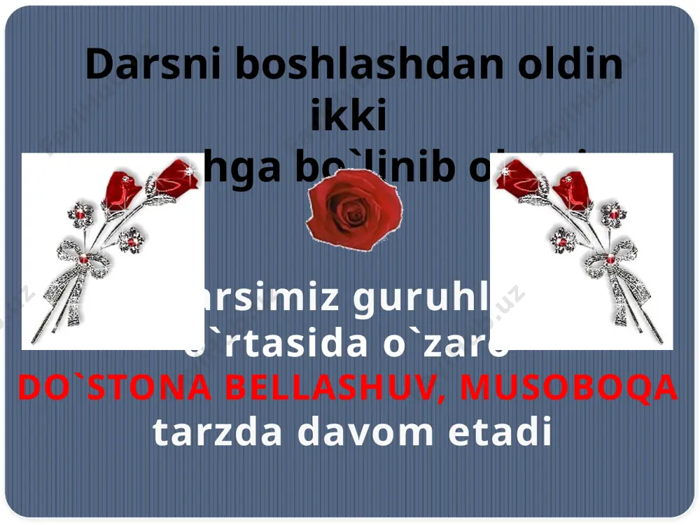 ni tarjima qilish orqali qaysi shoir davrini o`rganishni ko`zda tutgan? alisher navoiy ogahiy sayfi saroyi muhammad yoqubbek harflar jozibasi “jome ul-voqeoti sultoniy” 1809 – yil 17-dekabr… 1839 – yil … 1845 – yil … 1857 – yil … 1846 – yil … 1862 – 1863 – yillar… sonlar tilga kirganda (faqat ogahiy hayotidan) 1809 – yil 17-dekabr ogahiy tug`ilgan yil. 1839 – yil munis boshlab qo`ygan “firdavs ul-iqbol” asarini davom ettirdi. 1845 – yil otdan yiqilib oyog`i sindi. 1857 – yil miroblikdan istefoga chiqdi. 1846 – yil “zubbat ut-tavorix” asarini yozdi. 1862 – 1863 – yillarda ogahiy sadiy sheroziyning “guliston” asarini ikkinchi bor tarjima qildi. sonlar tilga kirganda darsimiz tugadi xayr sog`bo`ling. image2.gif image3.gif image4.jpeg image5.jpeg image6.jpeg image7.png image8.gif image9.png image10.jpeg image11.jpeg image12.gif /docprops/thumbnail.jpeg