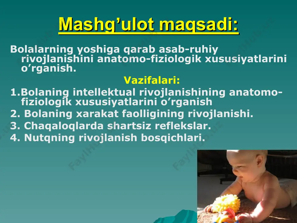 eladi, markaziy asab sistemasi shakillanishining eng nozik (kritik) davri deb xisoblanadi bоsh miya. bolani asab sistemasi tug’ilish davrida morfologik va funktsional jihatdan hali butunlay takomillashmagan. katta kishi bosh miyasining hujayralar sonini 100% deb olinsa, yangi tug’ilgan chaqaloqda hujayralarini 25%, 6 oylikda 66%, 1 yoshda 90- 95% shakllangan bo’ladi. chaqaloqning bosh miyasini ogʼirligi kattalarga qaraganda nisbatan katta, 350- 380 grammni yoki tana vazni 1/9- 1/10 qismini (9-10%) tashkil etadi. bir yoshda 900 gramm yoki tana vaznini 1/11- 1/12 qismi; katta yoshdagi odamlarda tana ogʼirligini 1/40 qismini (2-2,5%) tashkil etadi. bosh miyaning og’irligi 9 oylikda 2 marotabagacha, 1-3 yoshda 3 marotabagacha, 20 yoshda 4- 5 marta ortadi. chаqаlоqlаrdа bоsh miyaning хususiyatlаri. pushtalarning balandligi va chuqurligi kam boʼladi mayda egri- bugri yo’llari nisbatan kam boʼlib, sekin- asta ular koʼpayib, rivojlanib boradi. miya to’qimasi suvga boy boʼladi. kesib koʼrilganda miyani kulrang moddasidan oq moddasi yaxshi ajralmagan boʼladi. gemato-entsefalitik toʼsiqni oʼtkazuvchanligi nisbatan yuqori bo’ladi. miyaning …