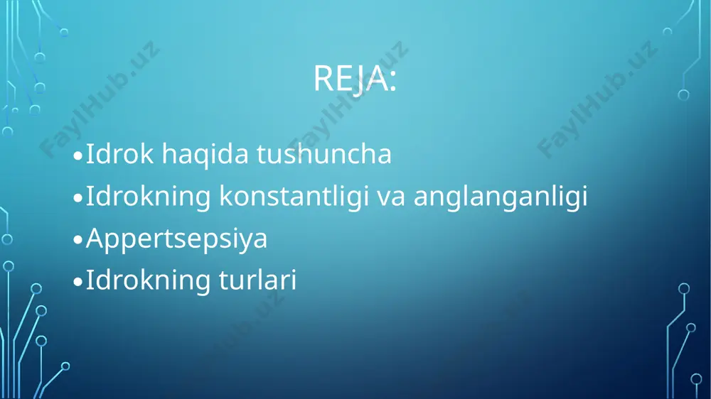 tiradi. biologlar matematiklar ijtimoiy nuqtai nazar idrokning turlari: idrok jarayonida qaysi analizatorning yetakchi rol o’ynashiga qarab; ko’rish, eshitish, hid bilish, teri, ta’m bilish, harakat idroklariga; materiyaning yashash shakllariga qarab; fazoni, vaqtni, harakatni idrok qilishga; faolligiga qarab; ixtiyoriy va ixtiyorsiz kabi idroklarga bo’linadi. idrok jarayonida qaysi analizatorning yetakchi rol o’ynashiga qarab idrok qilish. materiyaning yashash shakllariga qarab idrok qilish. faolligiga qarab; ixtiyoriy va ixtiyorsiz idroklar. e’tiboringiz uchun rahmat. image2.png image3.jpeg image4.jpeg image5.jpeg image6.jpeg image7.jpeg image8.jpeg image9.jpeg image10.jpeg image11.jpeg image12.jpeg