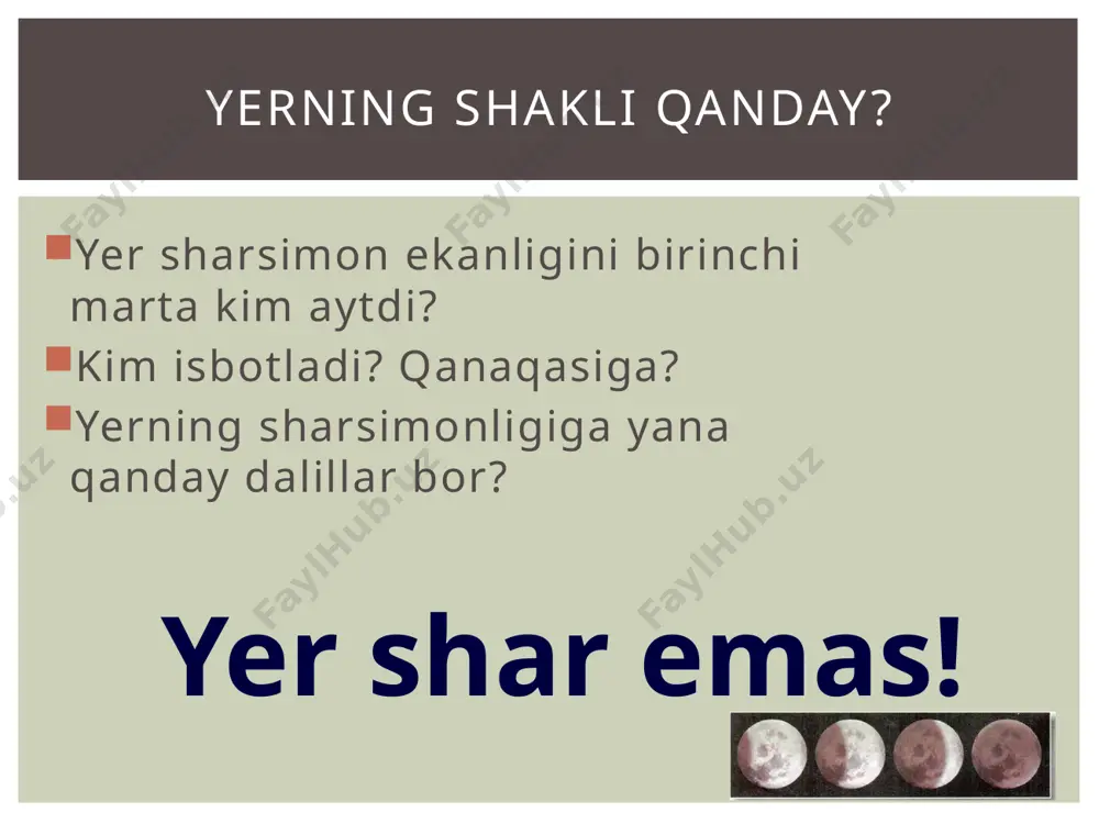 a barcha sayyoralar aylanadi, deb taxmin qilgan. quyosh atrofida. biroq, uning ixtiyorida juda kam dalil bor edi. klavdiy ptolemey (milodiy 2- asr ) quyosh va boshqa sayyoralar yer atrofida aylanadi, deb hisoblagan. nikolay kopernik yer va boshqa sayyoralar quyosh atrofida aylanishini va aksincha emasligini isbotladi. aniq o'lchovlar orqali isaak nyuton yerning shakli to'pdan farq qilishini aniqladi: markazdan qutblargacha bo'lgan masofa markazdan ekvatorgacha bo'lgan masofadan kamroq. polar radius = 6 357 km ekvator radiusi = 6378 km radius farqi ?km o'rtacha radius = 6371 km ellipsoid yoki geoid yer sayyorasining umumiy yuzasi 510 000 000 kv. km ekvator - yer yuzasida shimoldan janubiy qutblarga teng masofada chizilgan xayoliy chiziq. ekvatorning uzunligi 40076 km. er o'lchimlari butunlay shimoliy yarim sharda joylashgan materik va okeanlar qanday? janubiy yarimsharda? shimoliy va janubiy yarim sharlarda qanday materiklar va okeanlar mavjud? xarita bilan ishlash shimoliy yarim shar janubiy yarim shar ekvator qadim zamonlarda odamlar yerni qanday …
