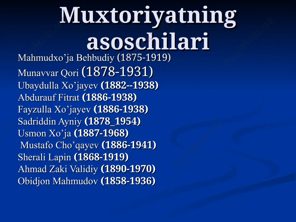 il 16-23-aprelda toshkentda bo’lib o’tgan birinchi qurultoyda demokratik rossiya tarkibida turkiston muxtoriyatini tuzish fikri olg’a surildi. unda markaziy rahbar organ --turkiston o’lka musulmonlari kengashini tuzishga kelishib olindi. turkiston musulmonlari markaziy kengashiga mustafo cho’qayev rais, zaki validiy bosh kotib, munavvar qori, behbudiy,o. mahmudov, u. xo’jayev, t. norbo’tabekov, islom shoahmedov va boshqalar a’zo qilib saylandi. munavvar qori va sadriddinxon afandi boshchiligida toshkent qo’mitasi tuzildi. behbudiy rahbarligida samarqand va nosirxon to’ra yetakchiligida farg’ona bo’limi ham tashkil topdi. “najot” ( muharriri - munavvar qori), va kengash(muharriri - validiy va munavvar qori) gazetalari chiqa boshladi. butunturkiston musulmonlar qurultoyi 16-23-aprelda toshkentda 1917-yil 10-sentabrda 1917-yil 26-28-noyabr 1917-yil 17-20-sentabr turkiston muxtoriyati bayrog’i e’tiboringiz uchun rahmat