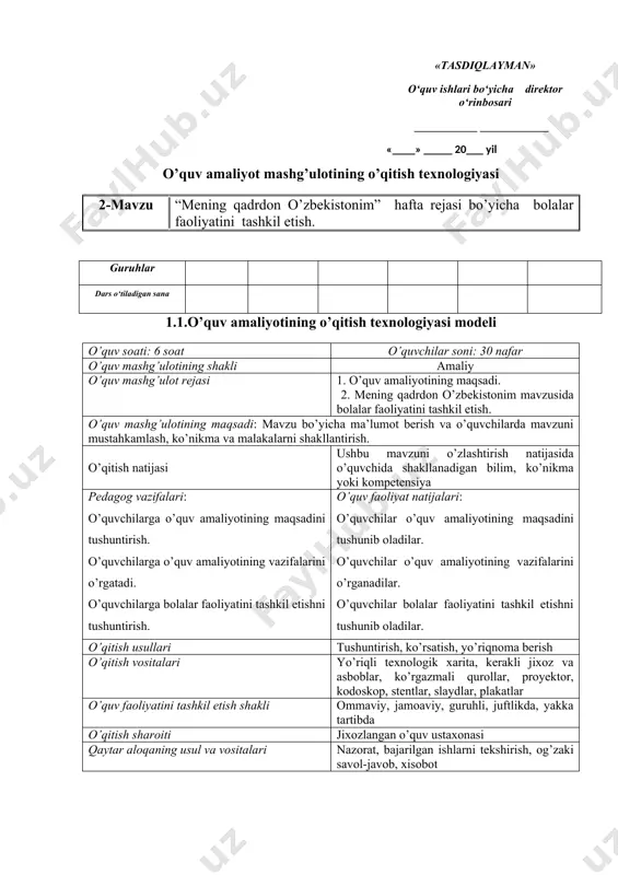 yotining maqsadi. 2. mening qadrdon o’zbekistonim mavzusida bolalar faoliyatini tashkil etish. o’quv mashg’ulotining maqsadi: mavzu bo’yicha ma’lumot berish va o’quvchilarda mavzuni mustahkamlash, ko’nikma va malakalarni shakllantirish. o’qitish natijasi ushbu mavzuni o’zlashtirish natijasida o’quvchida shakllanadigan bilim, ko’nikma yoki kompetensiya pedagog vazifalari: o’quvchilarga o’quv amaliyotining maqsadini tushuntirish. o’quvchilarga o’quv amaliyotining vazifalarini o’rgatadi. o’quvchilarga bolalar faoliyatini tashkil etishni tushuntirish. o’quv faoliyat natijalari: o’quvchilar o’quv amaliyotining maqsadini tushunib oladilar. o’quvchilar o’quv amaliyotining vazifalarini o’rganadilar. o’quvchilar bolalar faoliyatini tashkil etishni tushunib oladilar. o’qitish usullari tushuntirish, ko’rsatish, yo’riqnoma berish o’qitish vositalari yo’riqli texnologik xarita, kerakli jixoz va asboblar, ko’rgazmali qurollar, proyektor, kodoskop, stentlar, slaydlar, plakatlar o’quv faoliyatini tashkil etish shakli ommaviy, jamoaviy, guruhli, juftlikda, yakka tartibda o’qitish sharoiti jixozlangan o’quv ustaxonasi qaytar aloqaning usul va vositalari nazorat, bajarilgan ishlarni tekshirish, og’zaki savol-javob, xisobot 1.2.o’quv amaliyoti mashg’ulotining texnologik xaritasi ish bosqichlari va vaqti faoliyat mazmuni o’qituvchi ta’lim oluvchi i bosqich o’quv mashg’ulotiga kirish (20 daq) tashkiliy qism: …