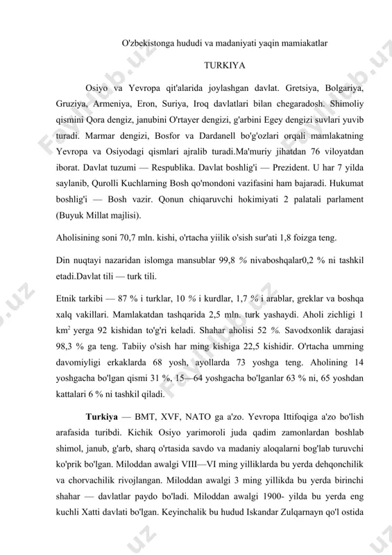irinchi shahar — davlatlar paydo bo'ladi. miloddan awalgi 1900- yilda bu yerda eng kuchli xatti davlati bo'lgan. keyinchalik bu hudud iskandar zulqarnayn qo'l ostida bo'ladi. miloddan awalgi i asrda u rimliklar qo'liga o'tadi. keyinchalik vizantiya qaramog'ida bo'ladi. xi asrda turkman saljuqiylar, undan keyin esa usmonli turklar qo'liga o'tadi. 1320- yildan usmonli turklar imperiyasi shakllandi.1923- yil 29- oktabrdan turkiya mustaqil respublika bo'ldi. poytaxti — anqara shahri. mamlakat prezidenti — kamol otaturk edi. mamlakat — tarixiy obidalarga boy. ibodatxonalar, tarixiy muzeylar shular jumlasidandir. mamlakatning g'arbiy va markaziy qismini anadolu yassi tog'ligi egallagan. sharqiy qismida esa armaniston yassi tog'ligi yastanib yotibdi. asosiy daryolari — yoshil, irman, dajla, frot, araks, chorax. o'rmonlar 15 % maydonni egallab, unda qayrag'och, archa, sarv daraxti, buk, eman, grab, butalar o'sadi. hayvonlardan bug'u, olmaxon, yowoyi cho'chqa, bo'ri, shag'ol, ayiq, tog' echkisi, sirtlonlar yashaydi. qushlardan qarg'a, burgut, laylak, qaldirg'och hamda ilon va kaltakesaklar keng tarqalgan. turkiya — industrial-agrar mamlakat. mamlakatda …