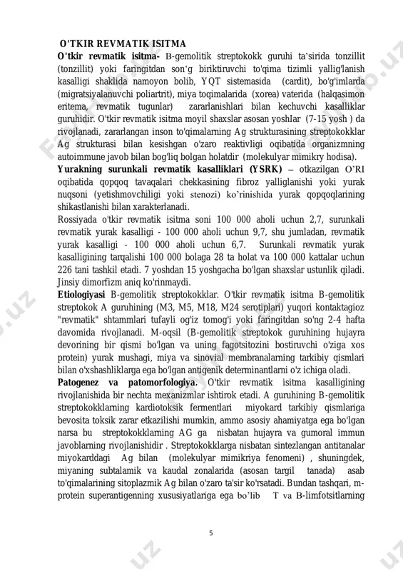 aklga ega bazofil hujayralardan, eozinofilli citoplazma , shuningdek, limfoid, plazmatik hujayralardan iborat gigant ko'p yadroli miyocit hujayralardan tarkib topgan. granulomalar odatda miyokard, endokard, yurakning perivaskulyar biriktiruvchi to'qimasida joylashgan. hozirgi vaqtda granulomalar kamroq tarqalgan. xoreoda yo’l-yo’l tananing hujayralari o'zgaradi. teri va teri osti to'qimalariga zararlanishi vaskulit va fokal yallig'lanish infiltratsiyasi bilan bog'liq. tasnifi. zamonaviy tasniflash saratovda 22 may 2003 rus revmatologlar assotsiatsiyasi plenumi tomonidan qabul qilingan (jadval. 44-1). 1.1- jadval. o'tkir revmatik isitma va surunkali revmatik yurak kasalliklarining tasnifi tashxislanadigan belgilar shakllar klinik shakllar o'tkir revmatik isitma. qaytalanuvchi revmatik isitma klinik ko'rinishlar asosiy: kardit, artrit, xorea, halqasimon eritema, revmatik tugunchallar. qo'shimcha: isitma, artralgiyi, abdominal sindromi, serozit natijalar sog’ayish surunkali revmatik yurak kasalligi: - yurak nuqsonlari bilan; - yurak nuqsonlarisiz qon aylanishining etishmasligi n.d. strajesko va v.x. vasilenko tasnifiga ko'ra (bosqichlar 0, i, iia, iib, iii). nyha tasnifiga ko'ra, «yurak yetishmovchiligi» bo'limiga qarang (0, i, ii, iii, iv funksional sinflar) 7 klinik …