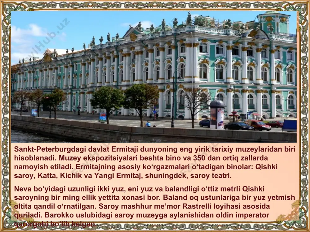 dunyoning eng go’zal muzeylaridan biri ko’rsatilgan: muzey mas, antverpen, belgiya noytelings (neutelings) va ridijk (riedijk) arxitektorlari, daryo qirg`oqlarida, turgan muzeyga, hindistondan olib keltirilgan qizil qum va oynalari yordamida, zamonaviy ko’rinish baxsh etadi. muzey dizayni antverpenning eski portida qo’llaniladigan omborxonalarni eslatadi. shuningdek, muzeyning 60 metrli binosiga yaqindan qarasangiz, 3185ta kumush qo’llarni – antverpen simvoli – ni ko’rishingiz mumkin. vertikal “hiyobon” – binoning oynali spirali bo’yicha harakatlanadigan bir nechta liftlar, gavan va barcha tomlarga bo’lgan ajoyib ko’rinishni ochadi va yarim kechagacha ochiq bo’lgan tomga olib chiqadi. nelson-atkinson san’at muzeyi, kanzas-siti, aqshavval, ohaktoshdan bajarilgan, neoklassistizm stilidagi bino, 1930-yillarda qurilgan. 2007 yilda bu muzey qayta tiklangan bo’lib, u zamonaviy ko’rinishdagi shaffof oynadan qilingan, 5 kub yoki “linza” yordamida kengaytirildi. ushbu “linzalar”, “stiven xoll” (steven holl) tomonidan ishlab chiqilgan, maysazor burilishlarini takrorlab, atrofdagi landshaft bilan bir butunlikni tashkil qiladi. noytelings (neutelings) va ridijk (riedijk) arxitektorlari, daryo qirg`oqlarida, turgan muzeyga, hindistondan olib keltirilgan qizil qum va …