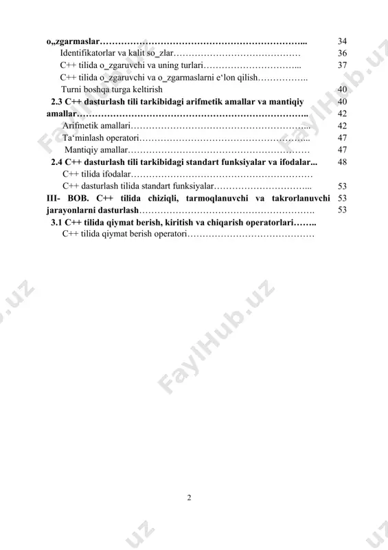 …………………………………………... chiqarish operatori………………………………………………….... 3.2 c++ dasturlash tilida chiziqli jarayonlarni dasturlash………...... c++ tilida chiziqli dasturlar…………………………………………. c++ tilida chiziqli dasturlarga oid misollar…………………………. 3.3 c++ dasturlash tilida tarmoqlanuvchi jarayonlarni dasturlash… qisqa shartli operator …………………………….…………………. to‗liq shartli operator …………………………….………………… ?: operatori …………………………….……………………………. 3.4 c++ dasturlash tilida tanlash jarayonlari va ularni dasturlash… break operatori …………………………….……………………….. continue operatori ……………………………..…………………… tanlash operatori ……………………………..…………………….. 3.5 c++ dasturlash tilida takrorlanuvchi jarayonlar va parametr bo„yicha dasturlash……………………………………………………... takrorlanuvchi jarayonlarni dasturlash……………………………… for(sikl) operatori …………………………….…………………….... shartsiz o‗tish operatori …………………………….……….………. 3.6 c++ dasturlash tilida shartli takrorlanuvchi jarayonlar dasturlash while operatori …………………………….……………………...... do while operatori …………………………….…………………….. ichma-ich joylashgan sikllar………………………………………… iv-bob. murakkab turlar va ularning c++ dasturlash tilida foydalanish……………………………………………………………… 4.1 c++ tilida massivlar va ulardan foydalanish………………....... bir o‗lchovli massivlar ……………………………….……………. rand funksiyasi …………………………….…………………….... ikki o‗lchovli massivlar ……………………………….………….... 4.2 c++ dasturlash tilida massiv elementlarini saralash………..….... bir o‗lchovli massiv elementlarini tartiblash……………………… ikki o‗lchovli massiv elementlarini tartiblash……………………... 4.3 c++ dasturlash tilida massiv elementlari ichidan eng kattasi va kichigini aniqlash……………………………………………………….. …
