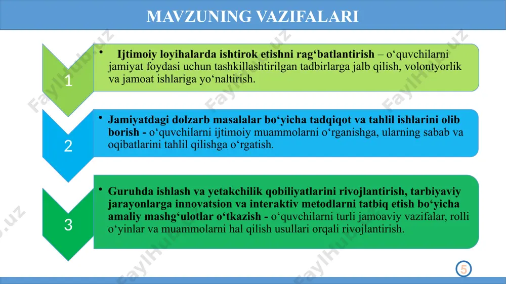 ini rag‘batlantirish, ijtimoiy tadbirlar va xayriya aksiyalarini tashkil etish. maktab direktori, mmibdo‘, kadrlar boyicha‘ menejeri har chorakda o‘quvchilar jamiyatga foydali ishlar qilishga o‘rganadi, ijtimoiy faolligi oshadi. 4. o‘quvchilarga axloqiy me’yorlarni o‘rgatish yetarlicha yo‘lga qo‘yilmaganligi; axloqiy qadriyatlar, inson huquqlari, adolat va ijtimoiy mas'uliyat bo‘yicha maxsus dars va seminarlar tashkil etish. maktab rahbariyati, o‘qituvchilar har oyda o‘quvchilarning axloqiy ongi oshadi, adolat va mas’uliyatni his qiladi. 13 e’tiboringiz uchun rahmat image1.png image2.png image3.png image4.jpg image5.jpg image6.jpg image7.png image8.png image9.jpg image10.jpg image11.jpeg image14.jpeg image15.jfif /docprops/thumbnail.jpeg