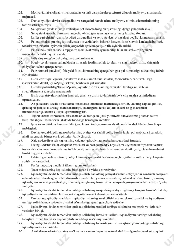 ulushi. 51. iste’molga keyingi qo‘shilgan moyillik-daromad hajmining o‘zgarishi natijasida iste’mol sarflari hajmining o‘zgarishi darajasi. 52. jamg‘arishga keyingi qo‘shilgan moyillik --- daromad hajmining o‘zgarishi natijasida jamg‘arish hajmining o‘zgarishi darajasi. 53. iqtisodiy jamg‘arish-milliy daromadning bir qismining asosiy va aylanma kapitallami, shuningdek, ehtiyot va zaxiralami ko‘paytirish uchun sarflanib borishi. 54. jamg‘arish normasi-jamg‘arish summasining milliy daromadga nisbatining foizdagi ifodasi. 55. investitsiya-ishlab chiqarishni va xizmat ko‘rsatish sohalarini kengaytirishga, ya’ni asosiy va aylanma kapitalga pul shaklidagi qo‘yilma. 56. investitsiyalar samaradorligi-milliy daromad (foyda)ning o‘sgan qismining investitsion sarflar summasiga nisbatining foizdagi ifodasi. 57. iqtisodiy rivojlanish---iqtisodiyotning ma’lum bir tomonga ya’ni pastdan yuqoriga, oddiylikdan murakkablikka tomon yo'naltirilgan to‘xtovsiz sodir bo‘ladigan to‘lqinsimon harakatidir 58. iqtisodiy o‘sish-yalm, smm, md miqdorining mutlaq hajmi va aholi jon boshiga ko‘payishida va sifatining yaxshilanishida ifodalanadi. 59. iqtisodiy o‘sish mezoni- bir mamlakat yoki hudud iqtisodiyotining vaqt davomida qanday o’sayotganini yoki rivojlanayotganini o’lchash uchun qo’llaniladigan asosiy ko’rsatkichlar tushuniladi. (yaim,yahm…) 60. iqtisodiy o‘sishning ko‘rsatkichlari-iqtisodiy o‘sishni aniqlashda foydalaniladigan qiymat, ijtimoiy …