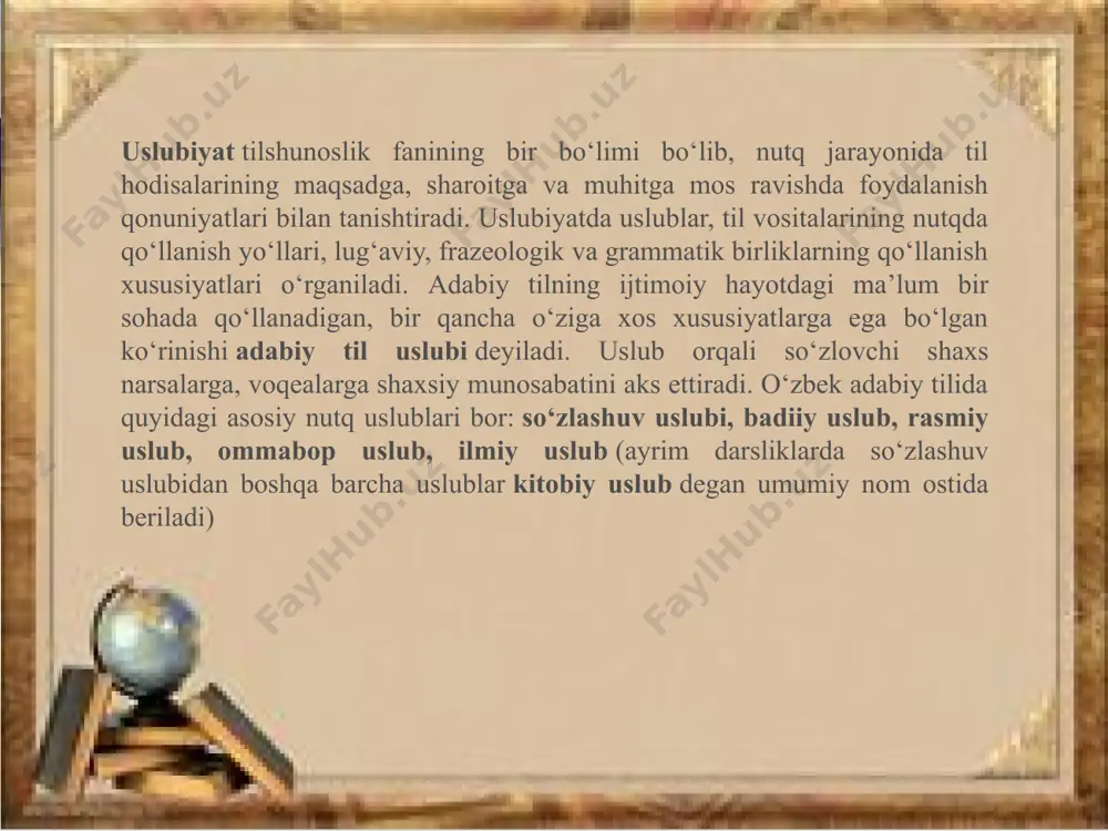 stik uslub sanaladi. publitsistik uslub ikki xil shaklda namoyon bo‘ladi: 1) yozma shakl; 2) og‘zaki shakl. ijtimoiy-siyosiy masalalarga bag‘ishlangan bosh maqolalar, felyeton va pamfletlar, murojaatnomalar, chaqiriqlar, deklaratsiyalar publitsistik uslubning yozma shakliga mansubdir. radio va televideniyeda chiqayotgan siyosiy sharhlovchilar, notiqlarning nutqlari esa publitsistik uslubning og‘zaki shaklidir. 8 badiiy uslub badiiy asarlarni ko‘p o‘qigansiz. har bir tilning butun imko­niyatlari, bor boyligi, jozibasi badiiy asarlar orqali namoyon bo‘ladi. badiiy asarlarning bayon qilish uslubi badiiy uslub hisoblanadi. badiiy uslubning o‘ziga xos xususiyati shundaki, unda adabiy tilning barcha imkoniyatlarini o‘z ichiga olish bilan birga, o‘zbek shevalariga, kasb-hunarga doir leksik birliklar, bugungi kundalik iste’moldan chiqib ketgan tarixiy so‘zlar ham personajlar nutqi orqali ishlatila beradi. badiiy uslub o‘quvchida estetik zavq uyg‘otadi. demak, badiiy uslub orqali ro‘yobga chiqqan nutq ma’lum voqea-hodisa haqida axborot berish (kommunikativ vazifani bajarish)dan tashqari, o‘quvchiga ta’sir qilish (ekspressiv) vazifasini ham bajaradi. badiiy uslub uchun obrazlilik, tasviriy ifoda vositalariga boylik xosdir. badiiy uslubdan boshqa barcha …