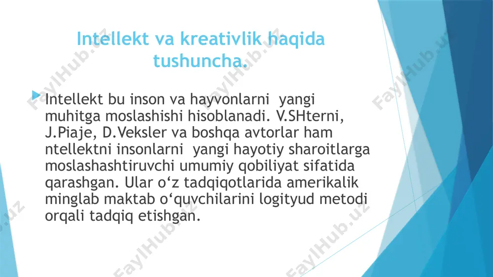 y yosh iq ------------------------------------------------ x100 xronologik yosh demak, dastlab angliyalik olim f.galton individual- aqliy qobiliyatlarni tadqiq etgan. lekin unda buni qanday qilib o‘lchash kerakligini aniqlay olmagan bo‘lsa ham. a.bine esa uning g‘oyasini rivojlantirib, fransuz ta’lim tizimida o‘quvchilarning kelajakda o‘zlanshtirira olishini aytib bera olgan. xuddi galton dek l.terman aqliy qobiliyatlar irsiyatning mevasi deb bilgan. ctenford- bine testi bu ko‘rinmayotgan qobiliyatni uyg‘otishga yordam beradi deb aytib o‘tgan. xant “inson qobiliyatlarini shakllantirishga o‘rgatish” nomli dasturni yaratdi. dastur davomida xant tarbiyalovchilarni bolalar bilan tovushli o‘yinlar orqali ishlashga o‘rgatdi. tadqiqotda 11 ta bola saralab olingan edi. ular 1 yosh 11 oylik davriga kelib 50 tagacha so‘zni talaffuz qila boshlashgani aniqlandi. natijada o‘sha saralab olingan bolalar juda rivojlangan bolalar bo‘lib ulg‘ayishdi xulosa qilib shuni aytishimiz mumkinki, aqliy qobiliyatlarning shakllanitishida ham irsiyatning ham atrof muhitning roli muhim. insonning dastlabki rivojlaninsh bosqichida irsiy omillar etakchiroq bo‘lib ko‘rinadi. lekin yillar davomida ayniqsa aqliy qobiliyatlarning rivolanishiga atrof- muhit o‘z ta’sirini …